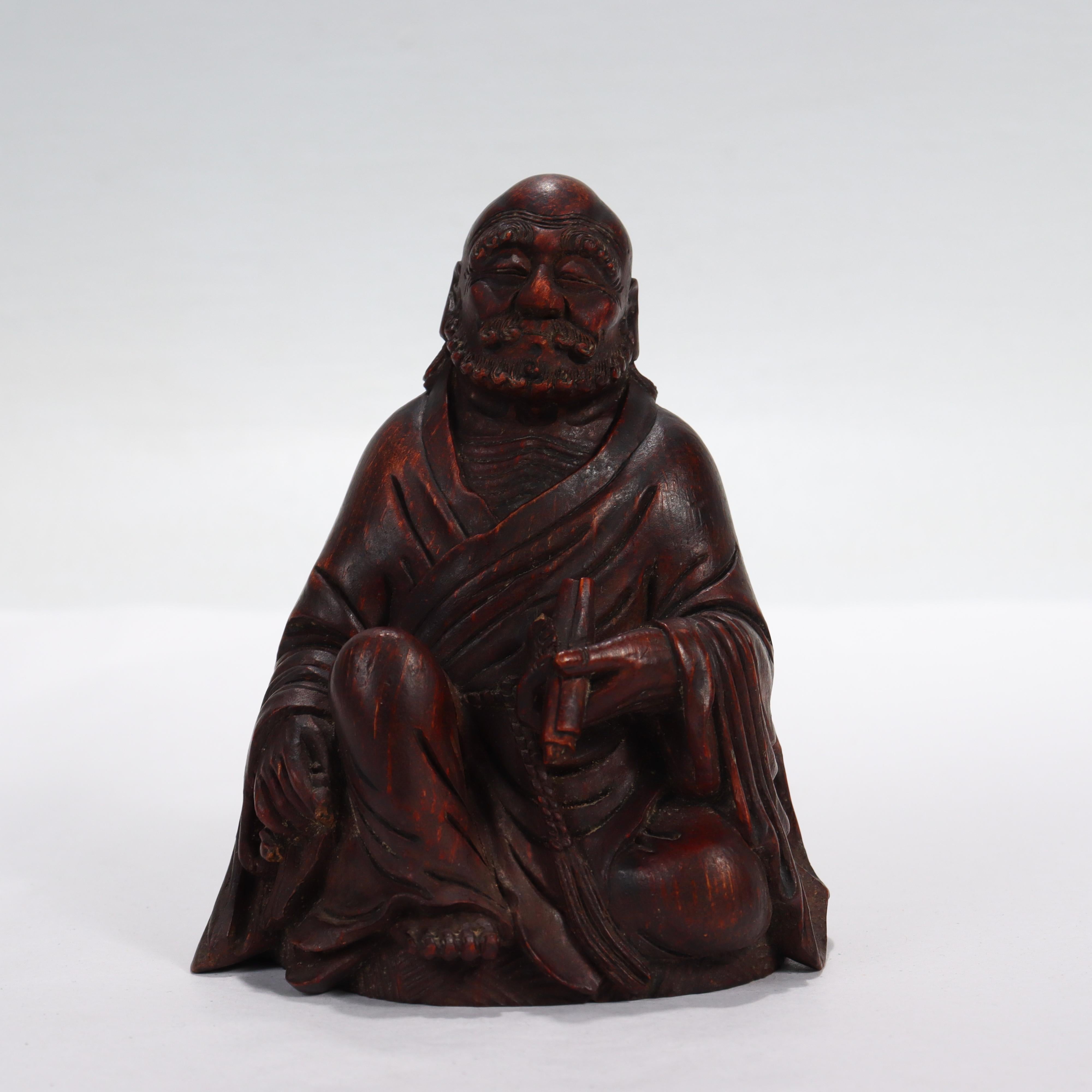 Meiji Old or Antique Japanese Wooden Figurine of a Buddhist Monk For Sale