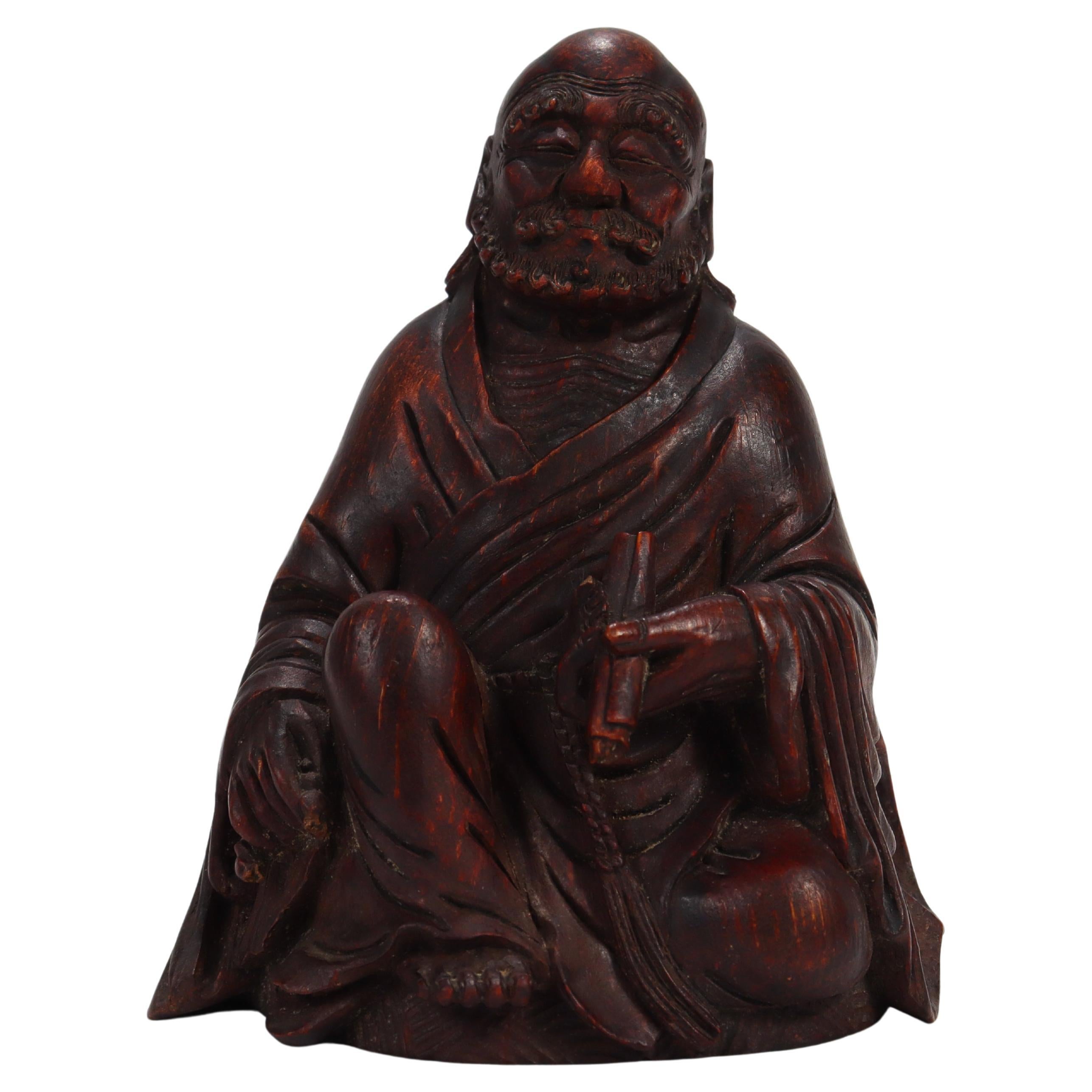 Old or Antique Japanese Wooden Figurine of a Buddhist Monk For Sale