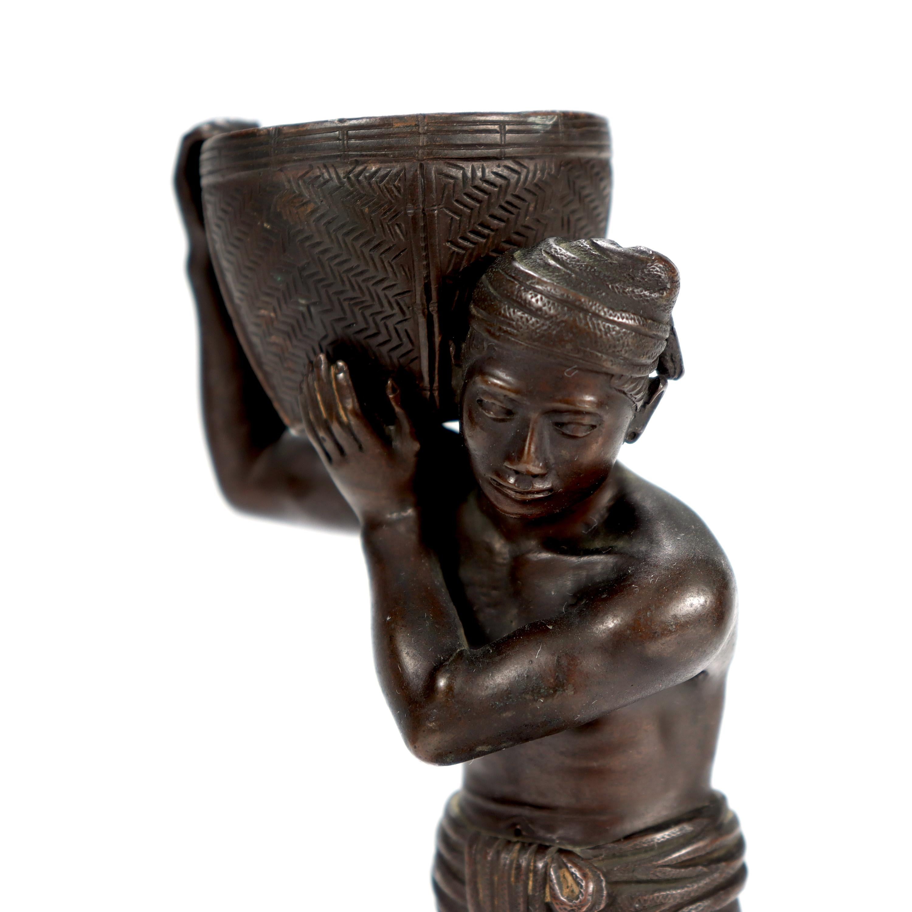 Old or Antique Pegu Burmese Bronze Statue of Man Carrying Basket on Shoulder 5