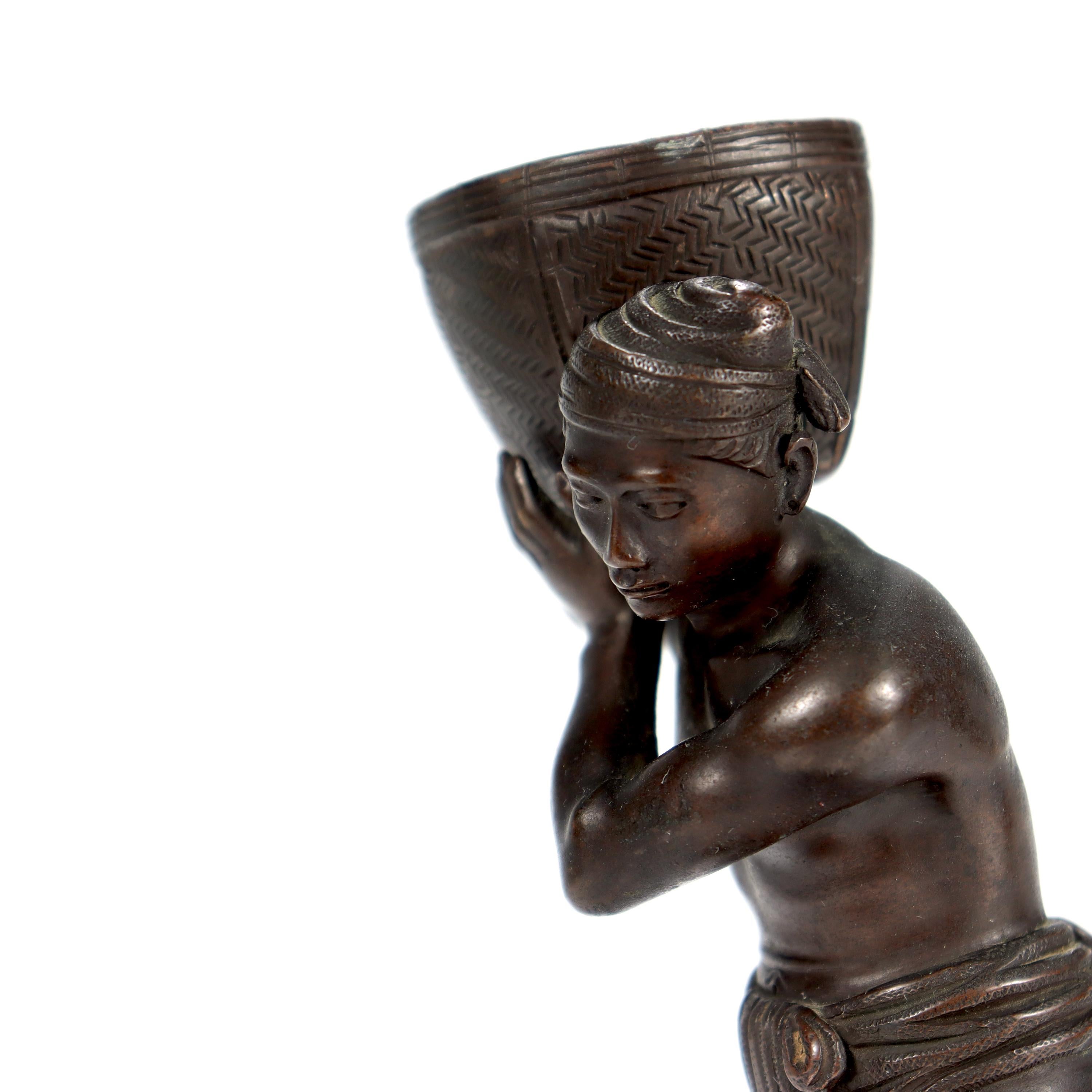 Old or Antique Pegu Burmese Bronze Statue of Man Carrying Basket on Shoulder 6