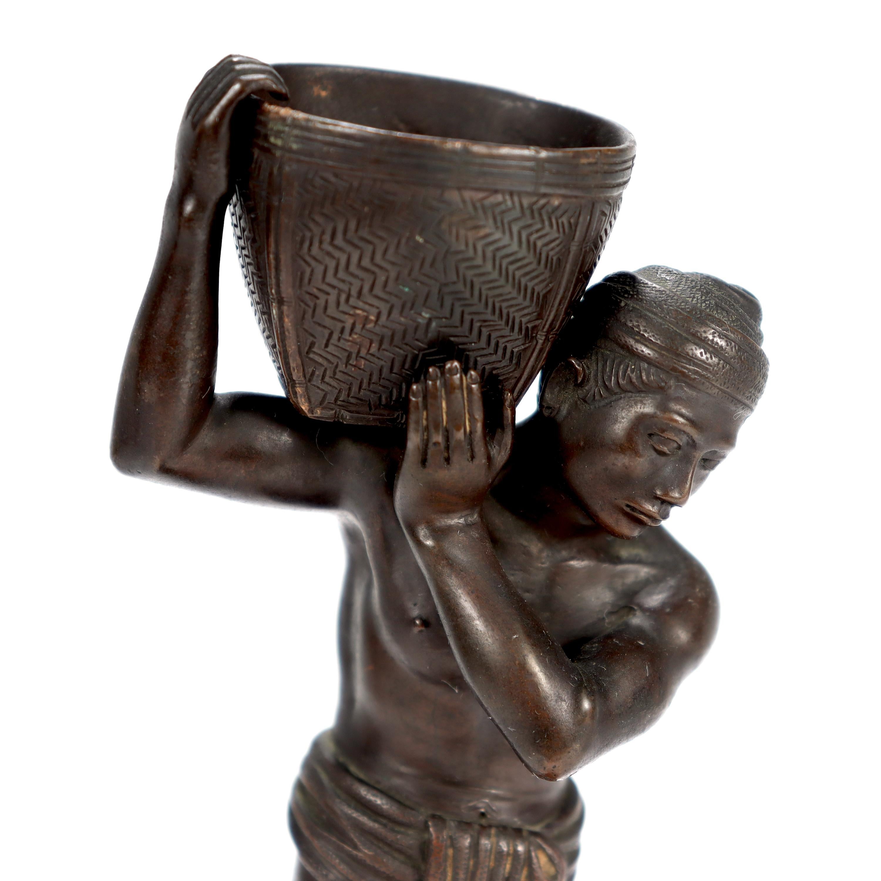 Old or Antique Pegu Burmese Bronze Statue of Man Carrying Basket on Shoulder 2