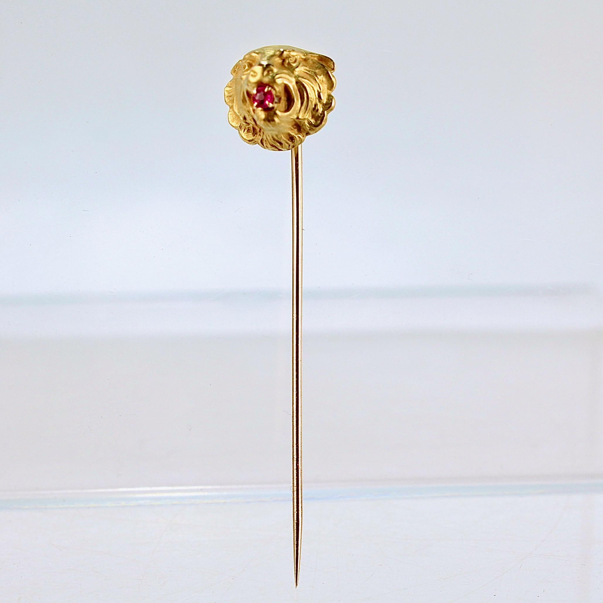 Edwardian Old or Antique Signed Figural 14k Gold & Ruby Lion's Head Stickpin