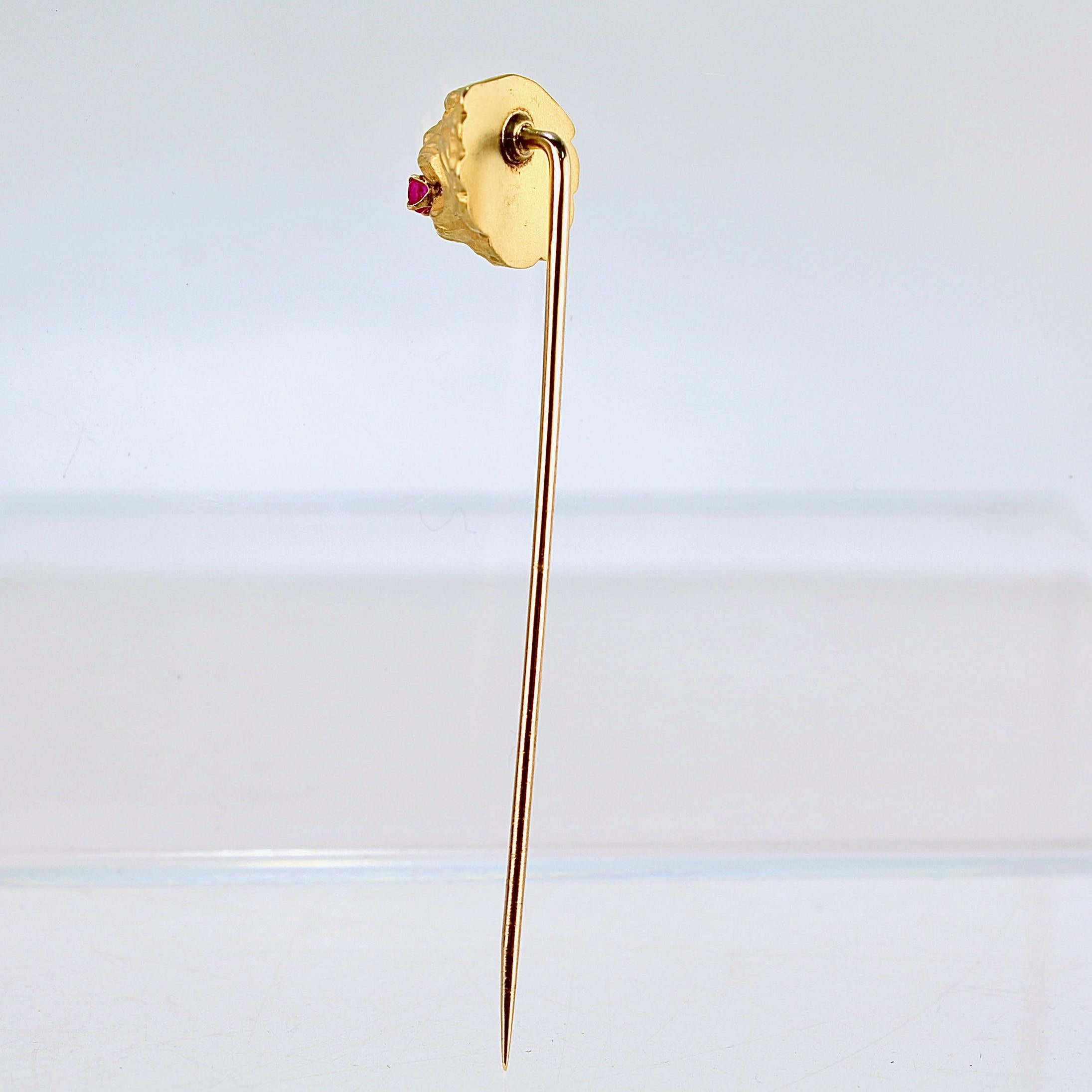 Round Cut Old or Antique Signed Figural 14k Gold & Ruby Lion's Head Stickpin