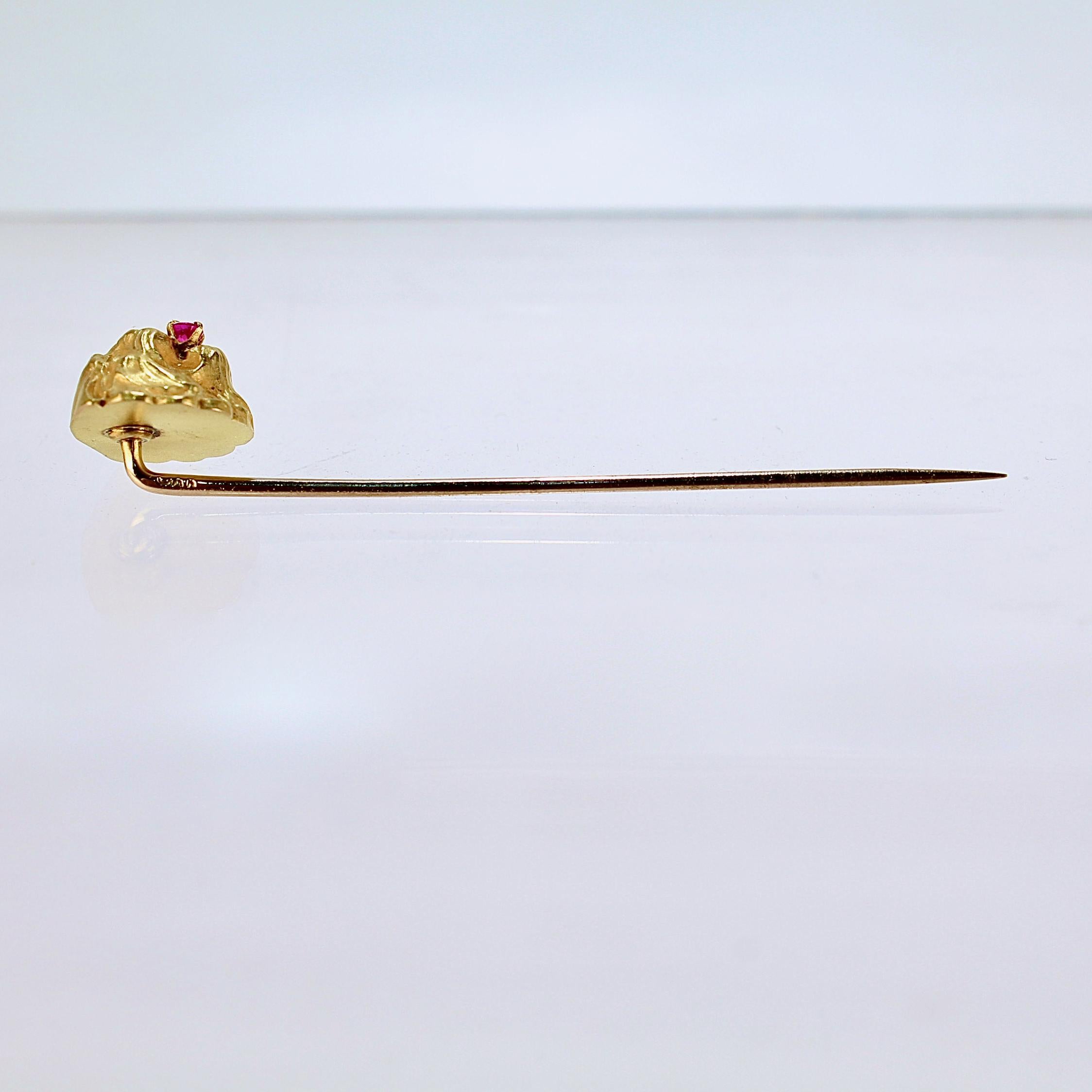 Old or Antique Signed Figural 14k Gold & Ruby Lion's Head Stickpin In Good Condition In Philadelphia, PA