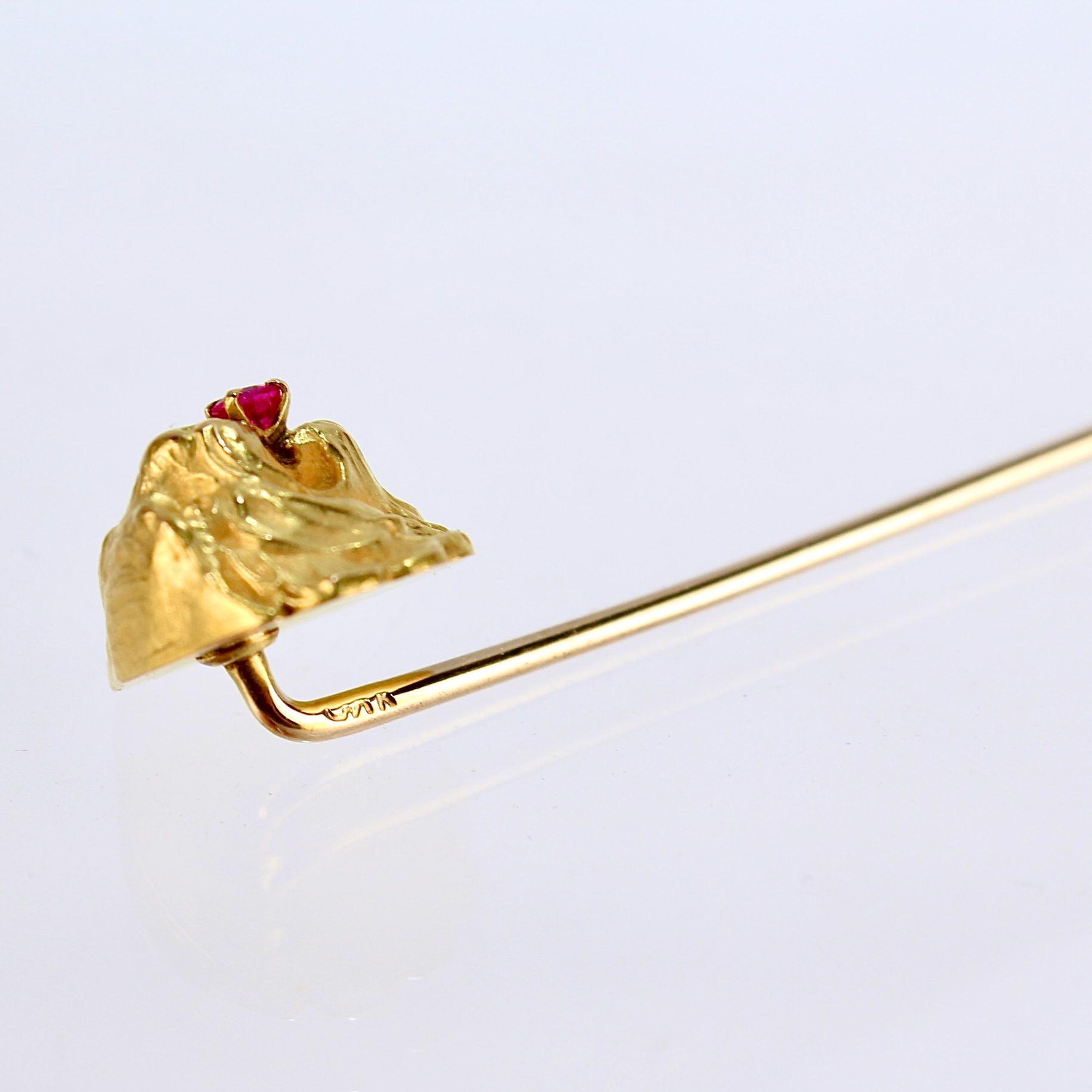 Women's or Men's Old or Antique Signed Figural 14k Gold & Ruby Lion's Head Stickpin