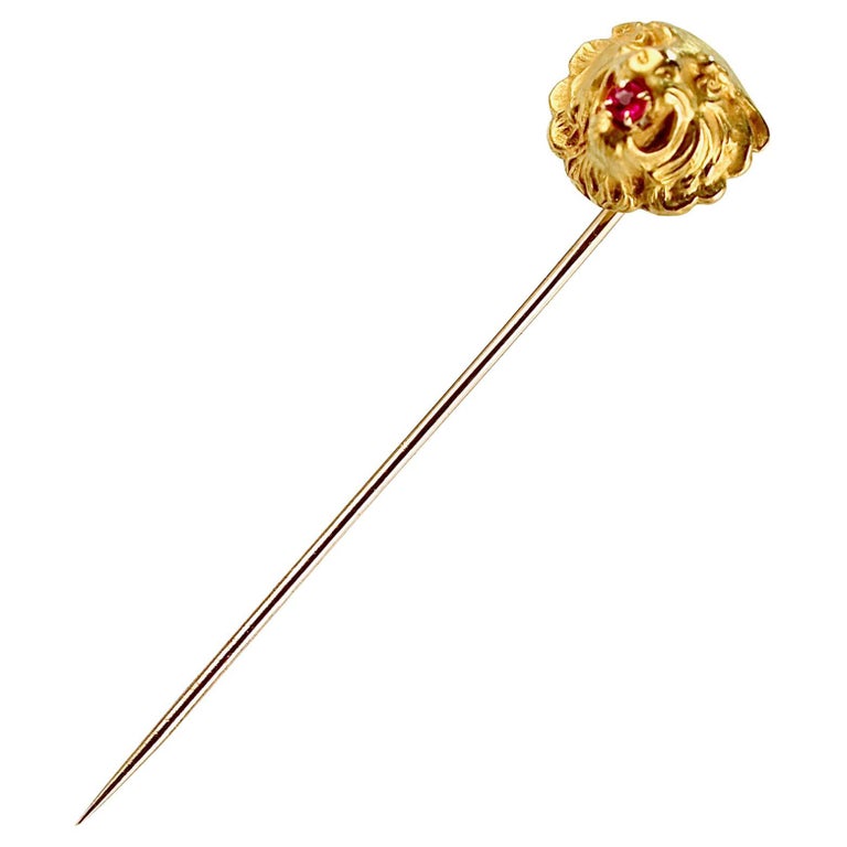 Old or Antique Signed Figural 14k Gold & Ruby Lion's Head Stickpin For Sale