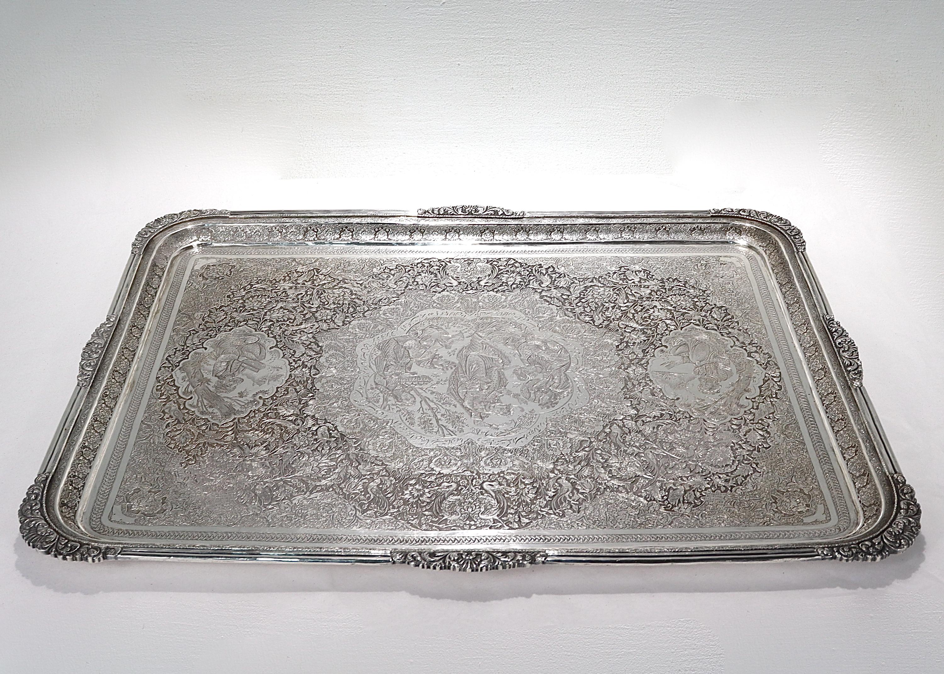Old or Antique Signed Islamic Ottoman or Persian Incised Silver Serving Tray In Good Condition For Sale In Philadelphia, PA