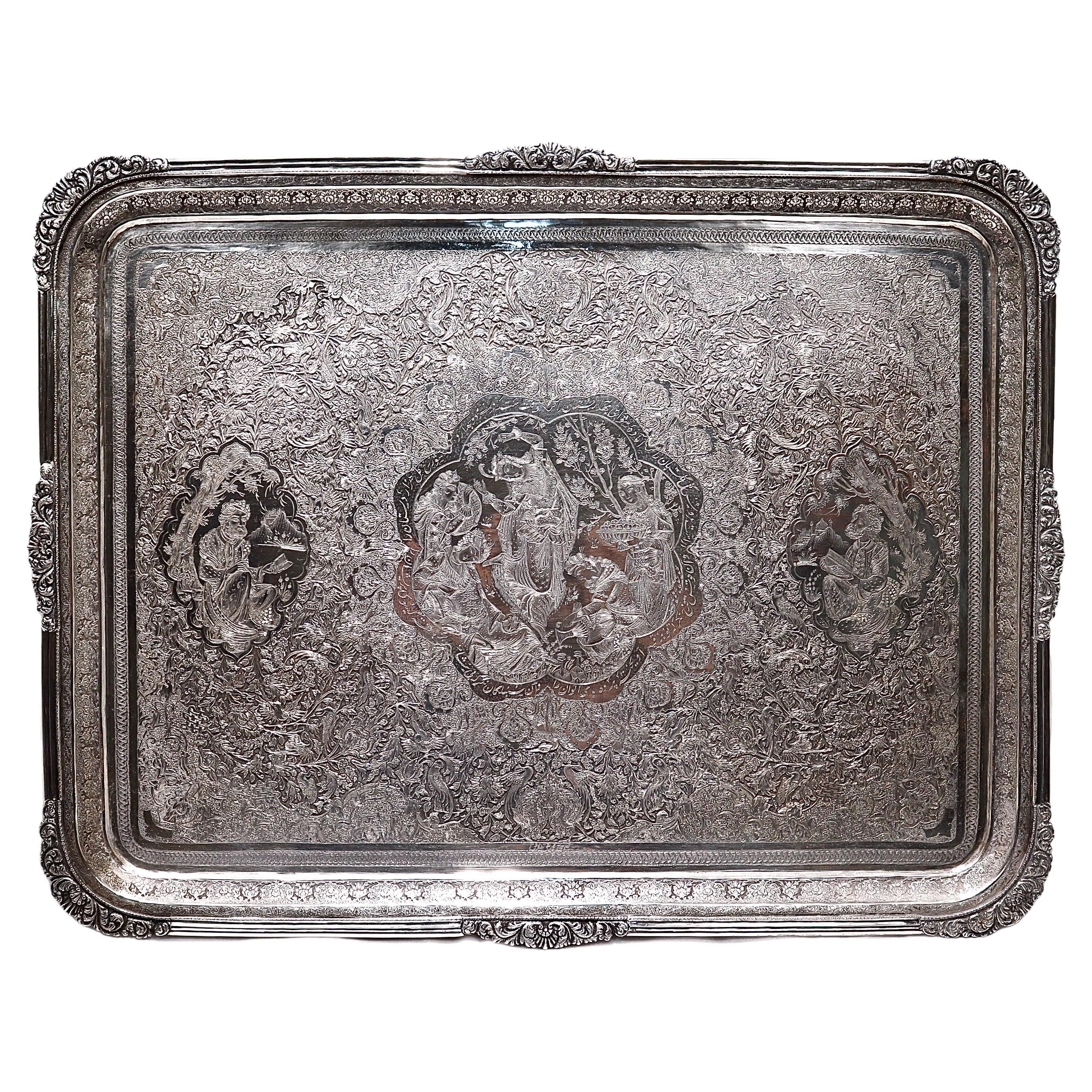 Old or Antique Signed Islamic Ottoman or Persian Incised Silver Serving Tray For Sale