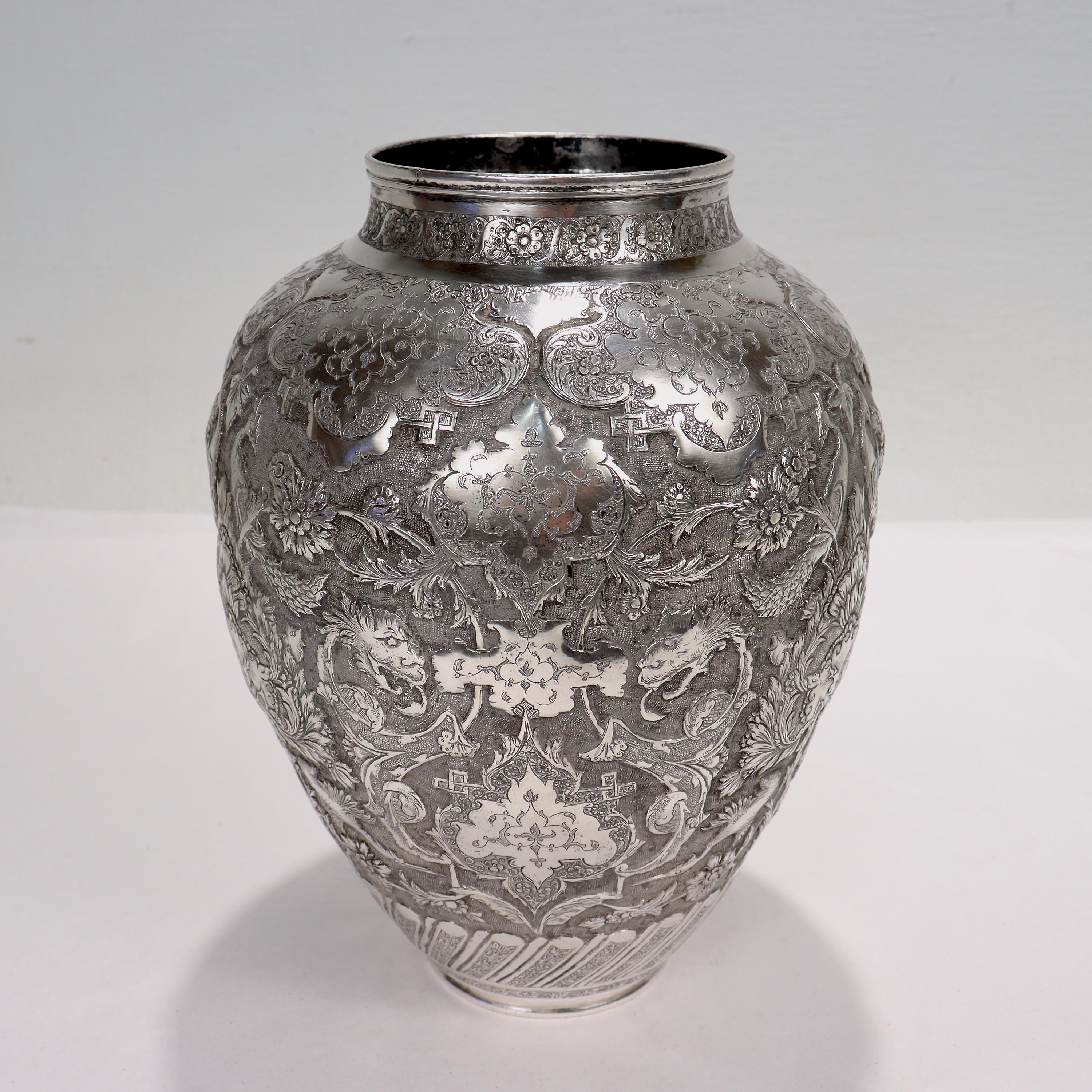 Old or Antique Signed Islamic Ottoman or Persian Repousse Silver Vase For Sale 3