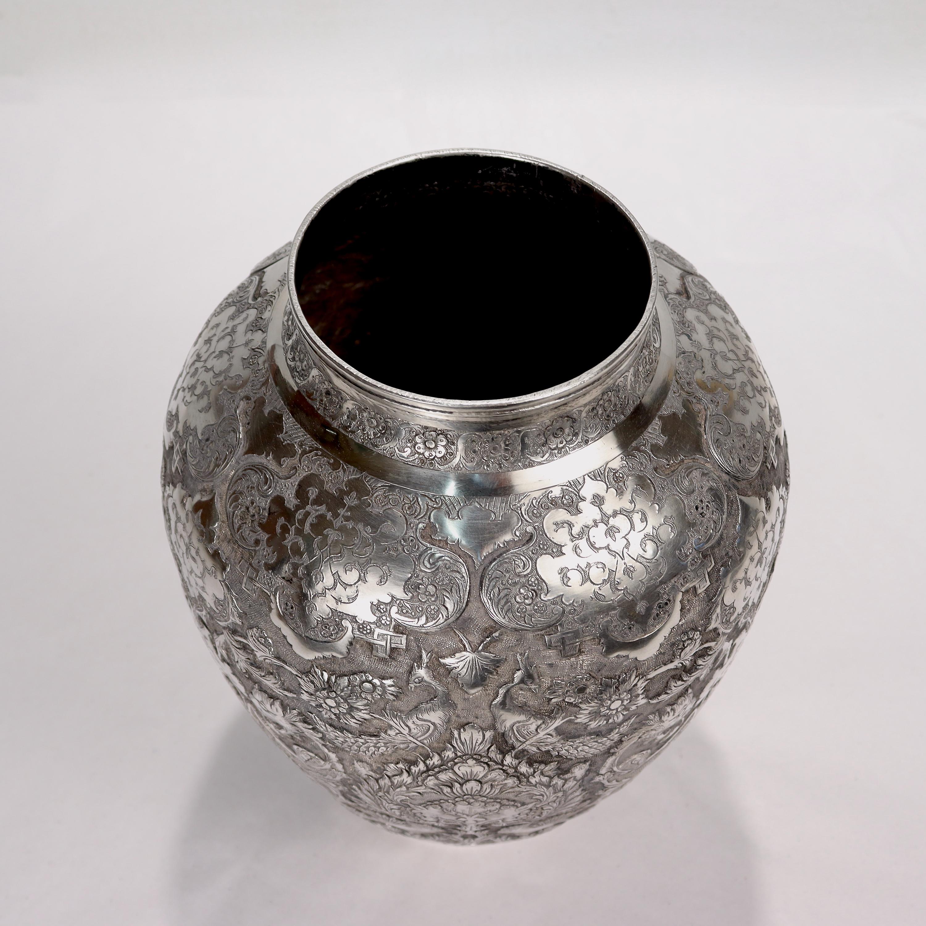 Old or Antique Signed Islamic Ottoman or Persian Repousse Silver Vase For Sale 4