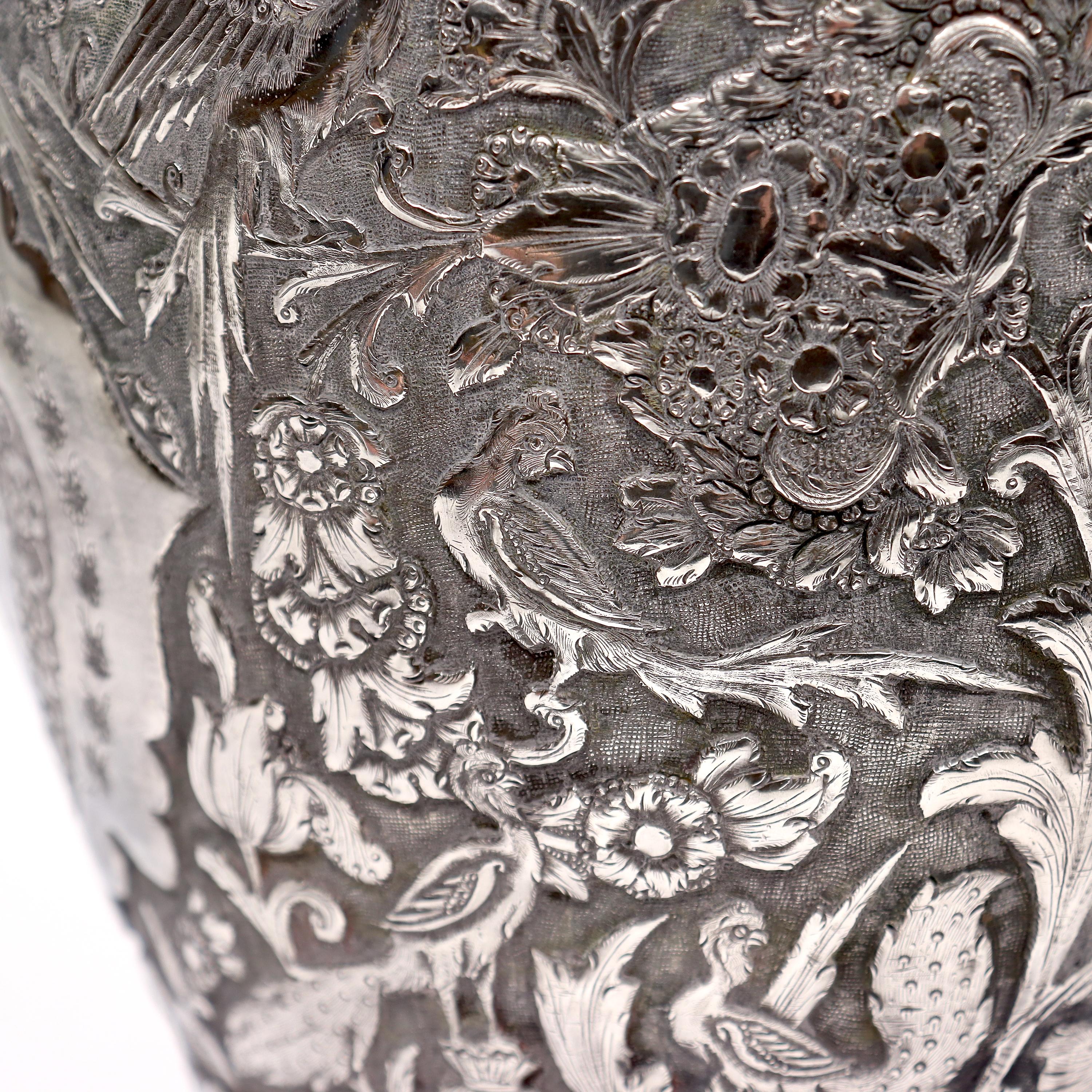 Old or Antique Signed Islamic Ottoman or Persian Repousse Silver Vase For Sale 6