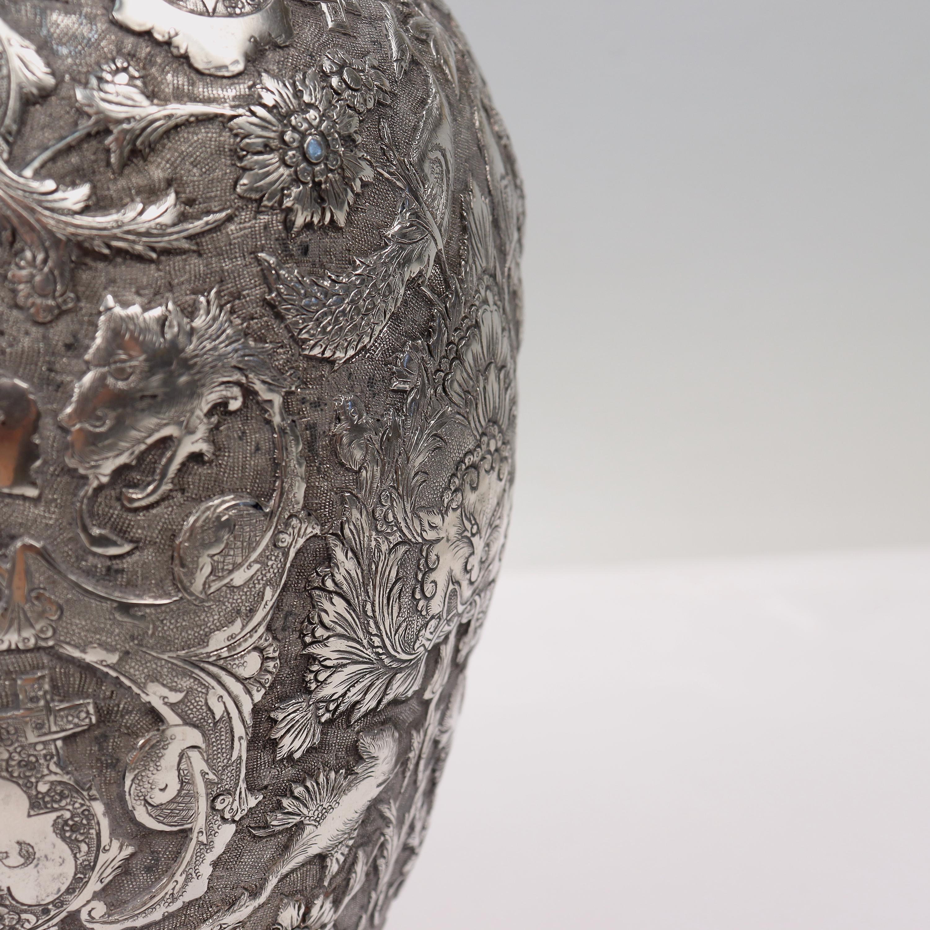 Old or Antique Signed Islamic Ottoman or Persian Repousse Silver Vase For Sale 9