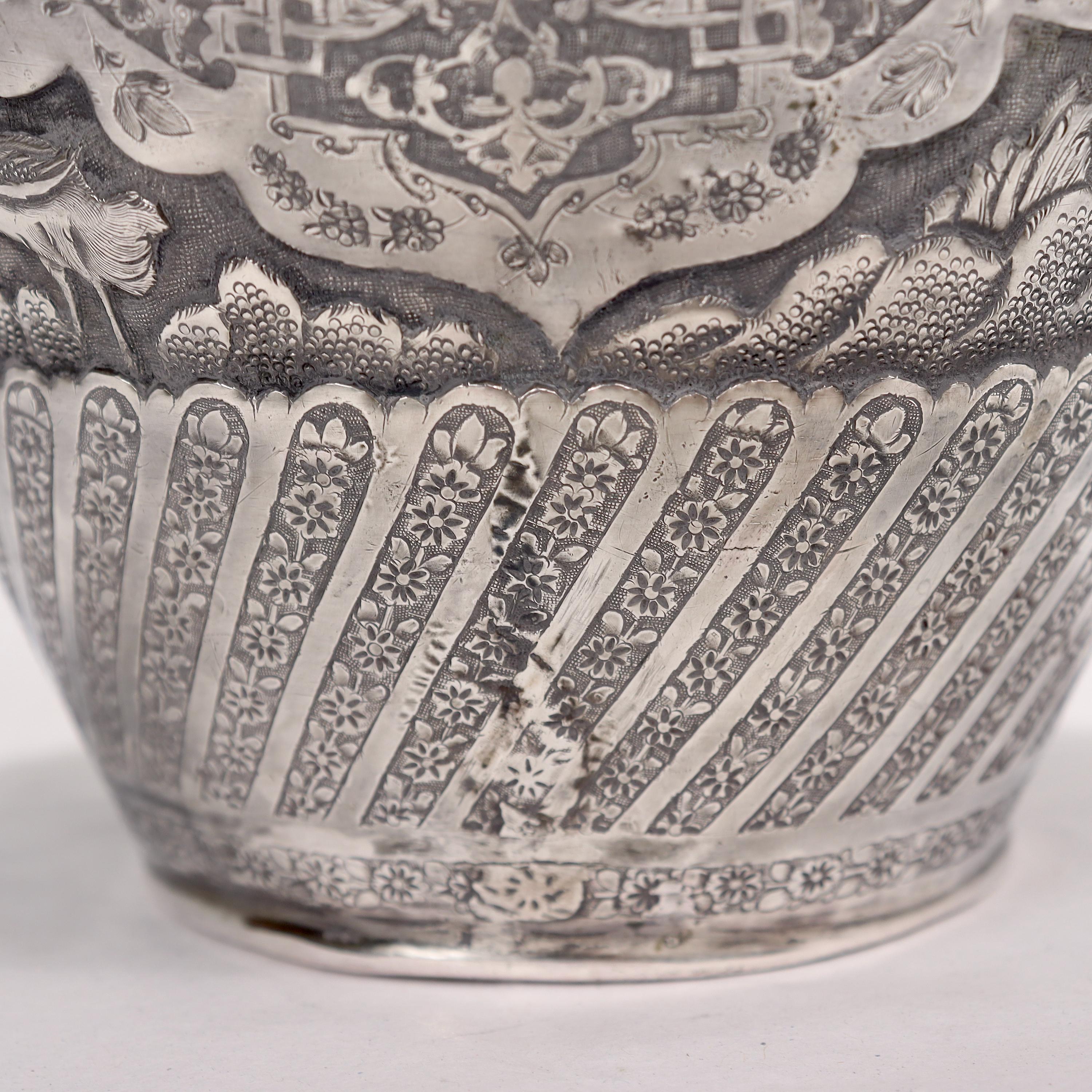 Old or Antique Signed Islamic Ottoman or Persian Repousse Silver Vase For Sale 9