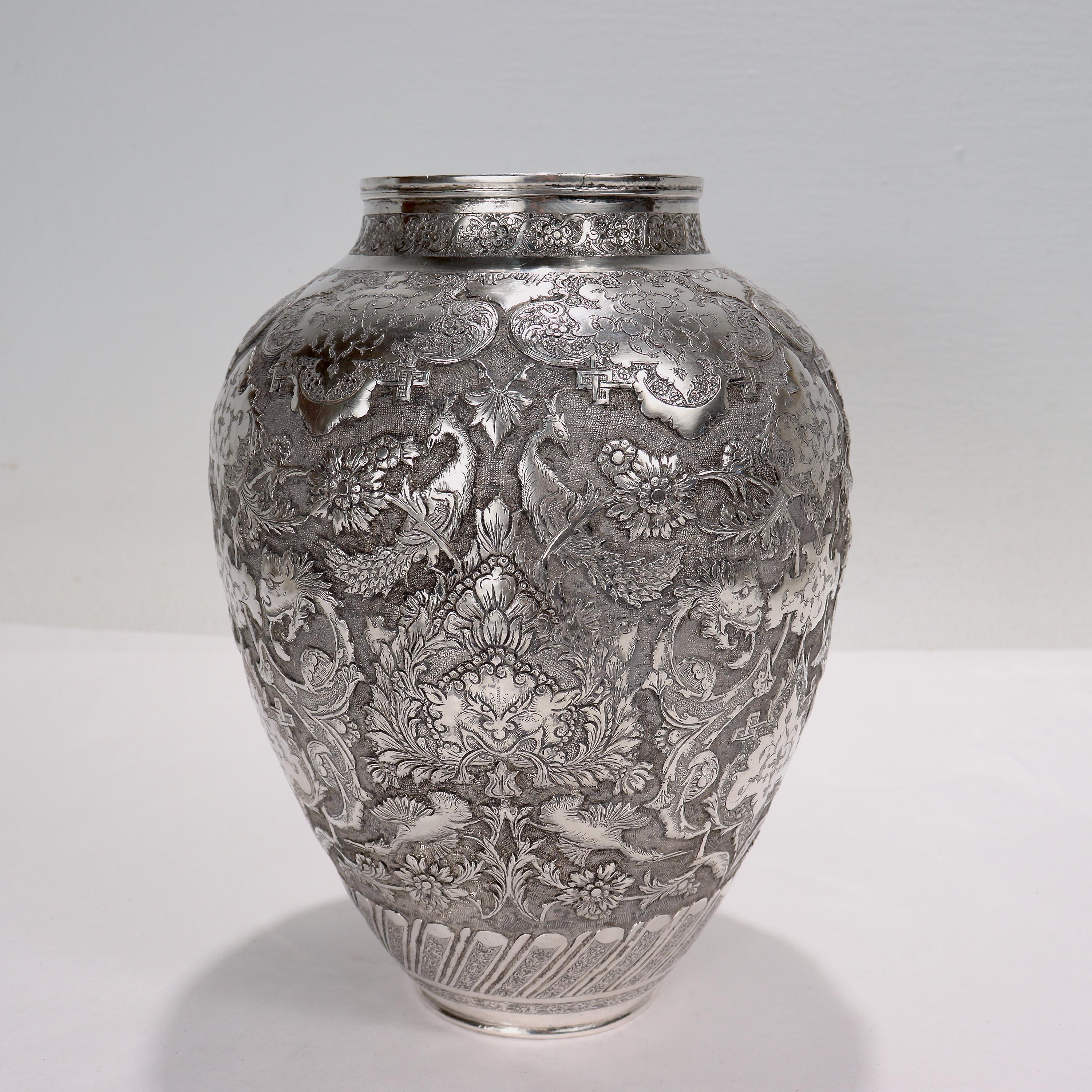 Old or Antique Signed Islamic Ottoman or Persian Repousse Silver Vase In Good Condition For Sale In Philadelphia, PA