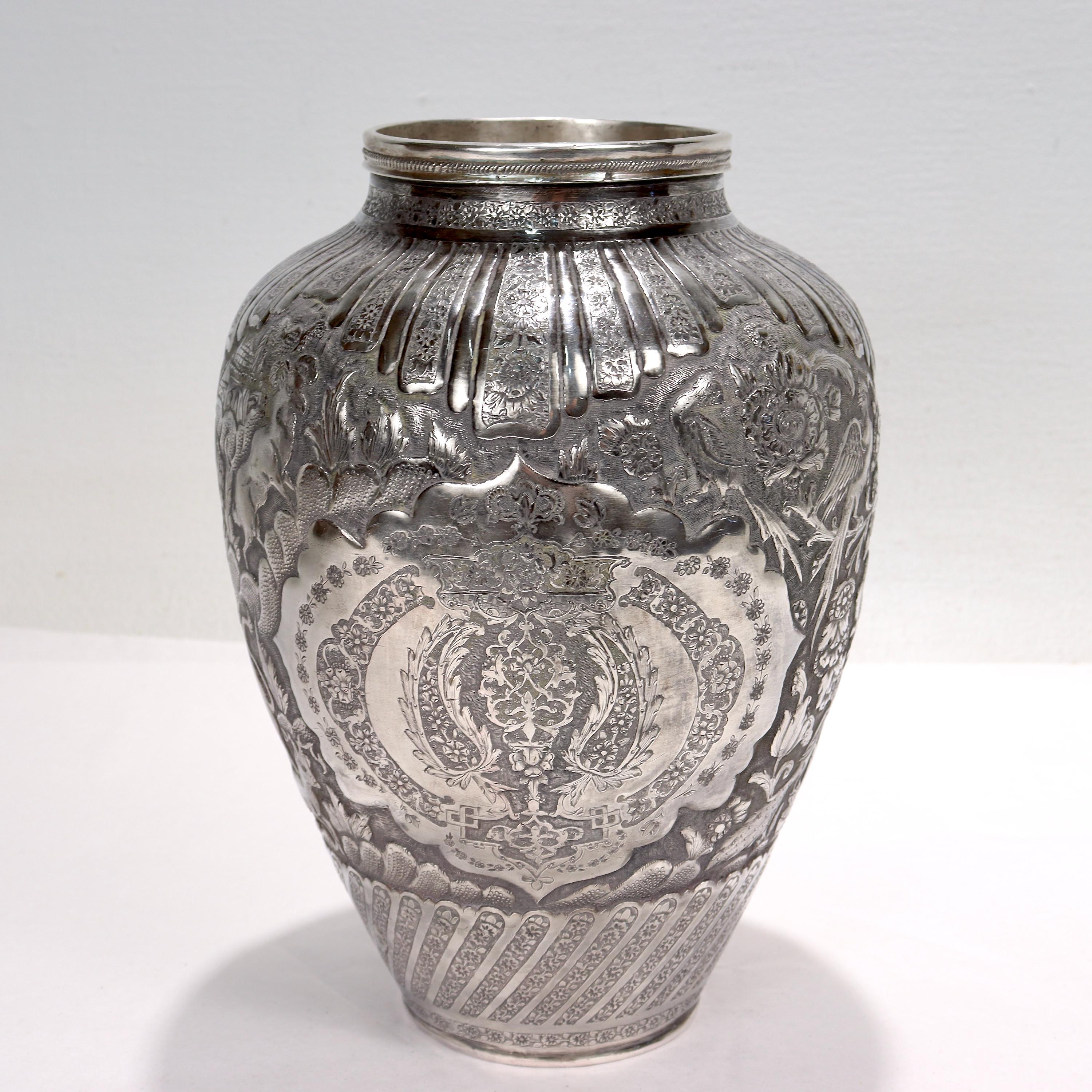 British Colonial Old or Antique Signed Islamic Ottoman or Persian Repousse Silver Vase For Sale