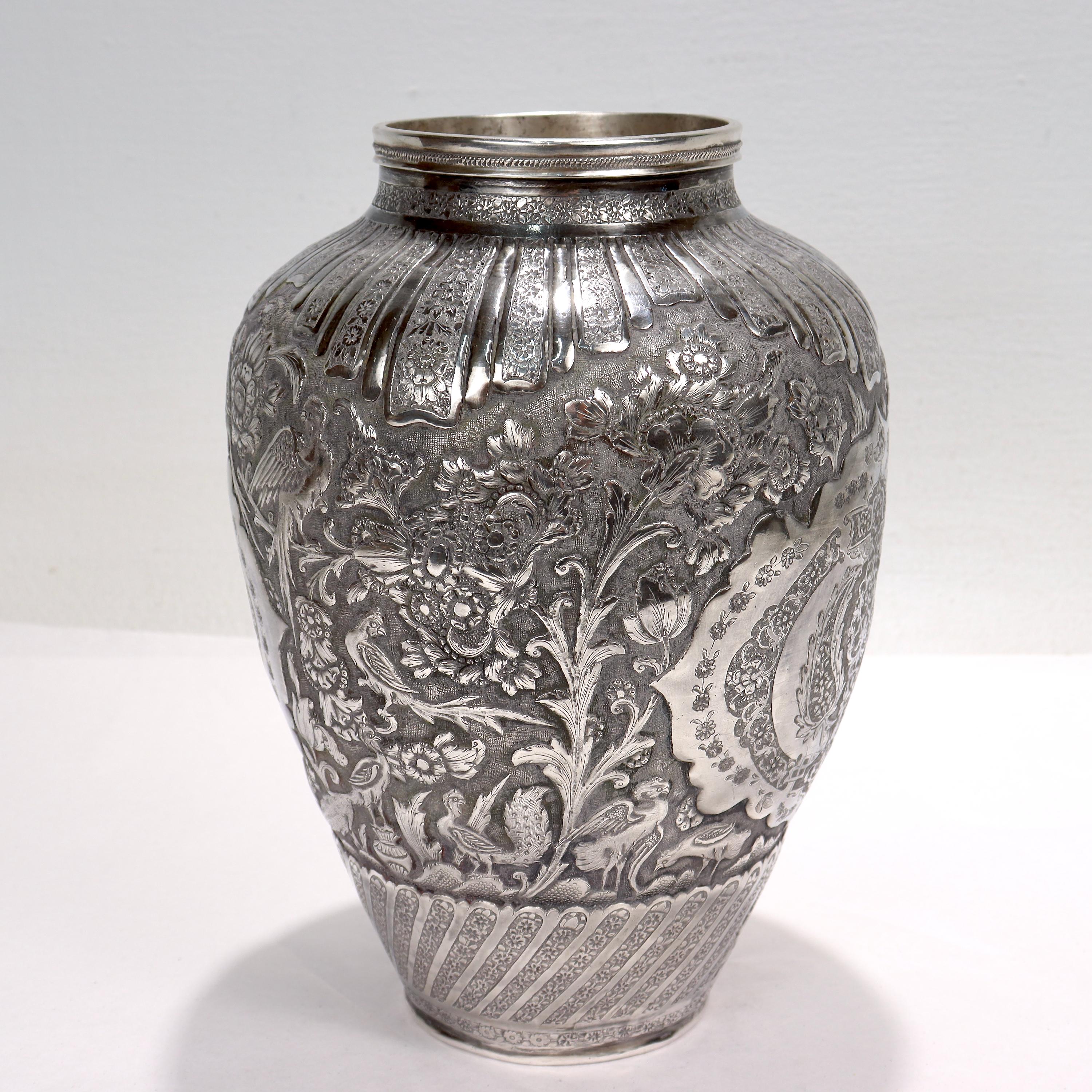 Old or Antique Signed Islamic Ottoman or Persian Repousse Silver Vase In Good Condition For Sale In Philadelphia, PA
