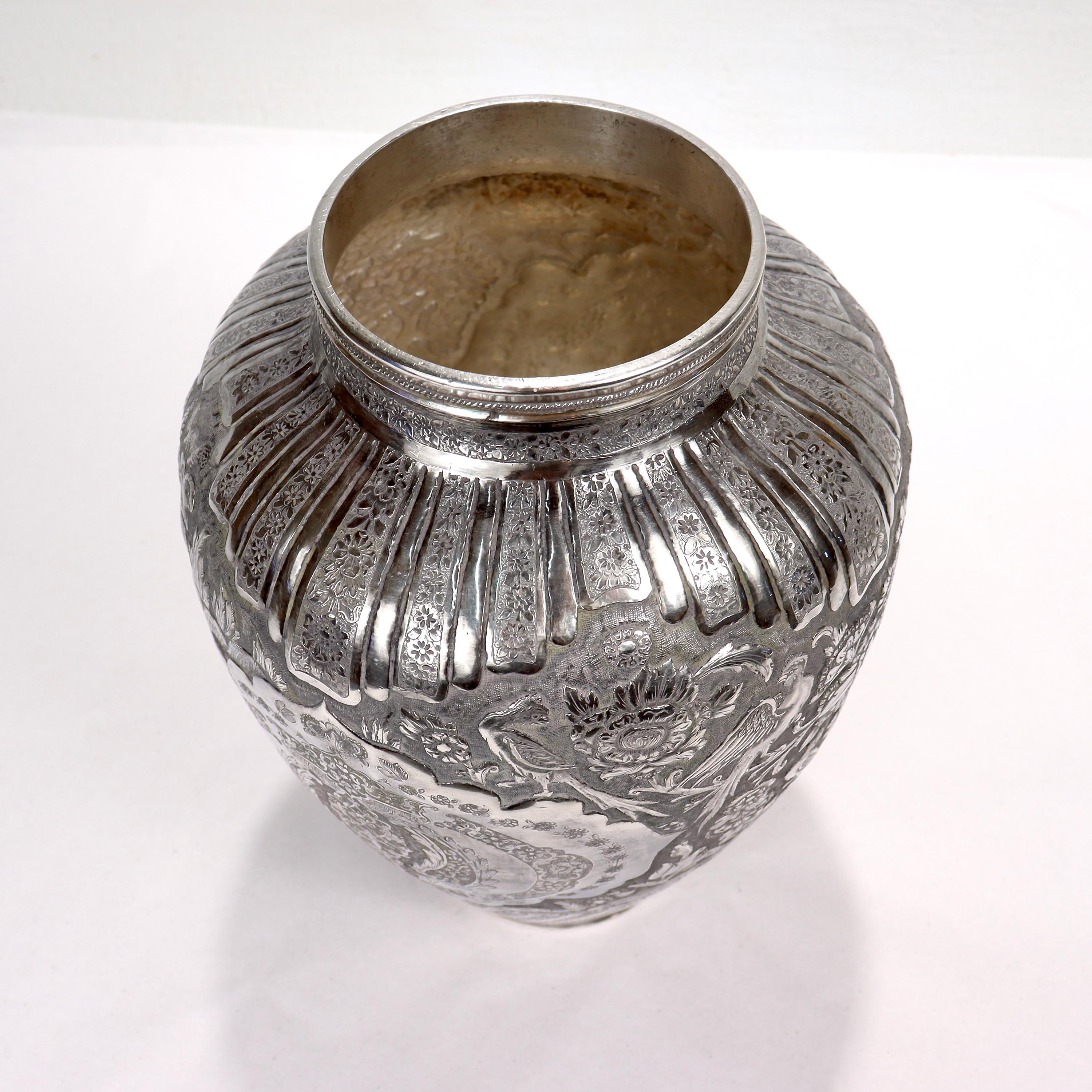 Women's or Men's Old or Antique Signed Islamic Ottoman or Persian Repousse Silver Vase For Sale