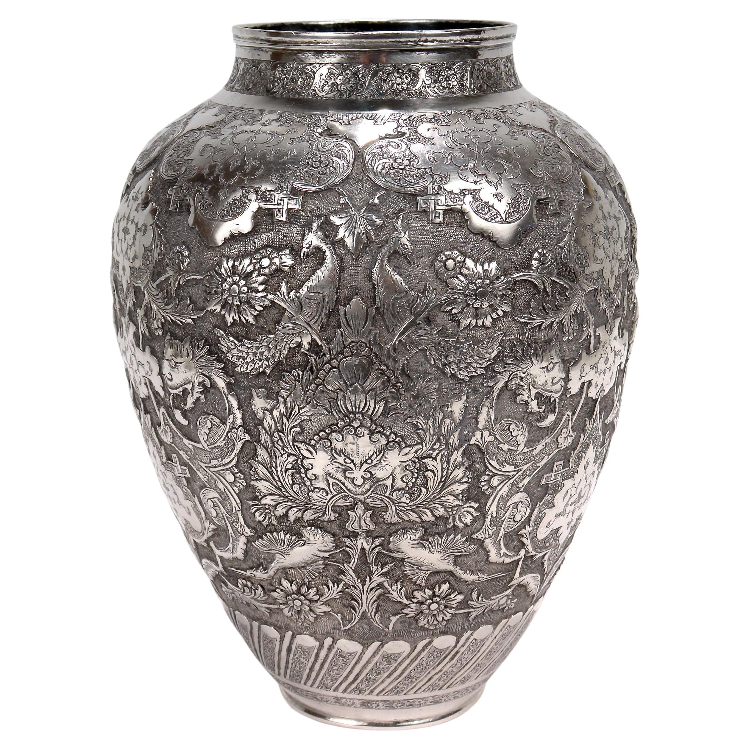 Old or Antique Signed Islamic Ottoman or Persian Repousse Silver Vase For Sale