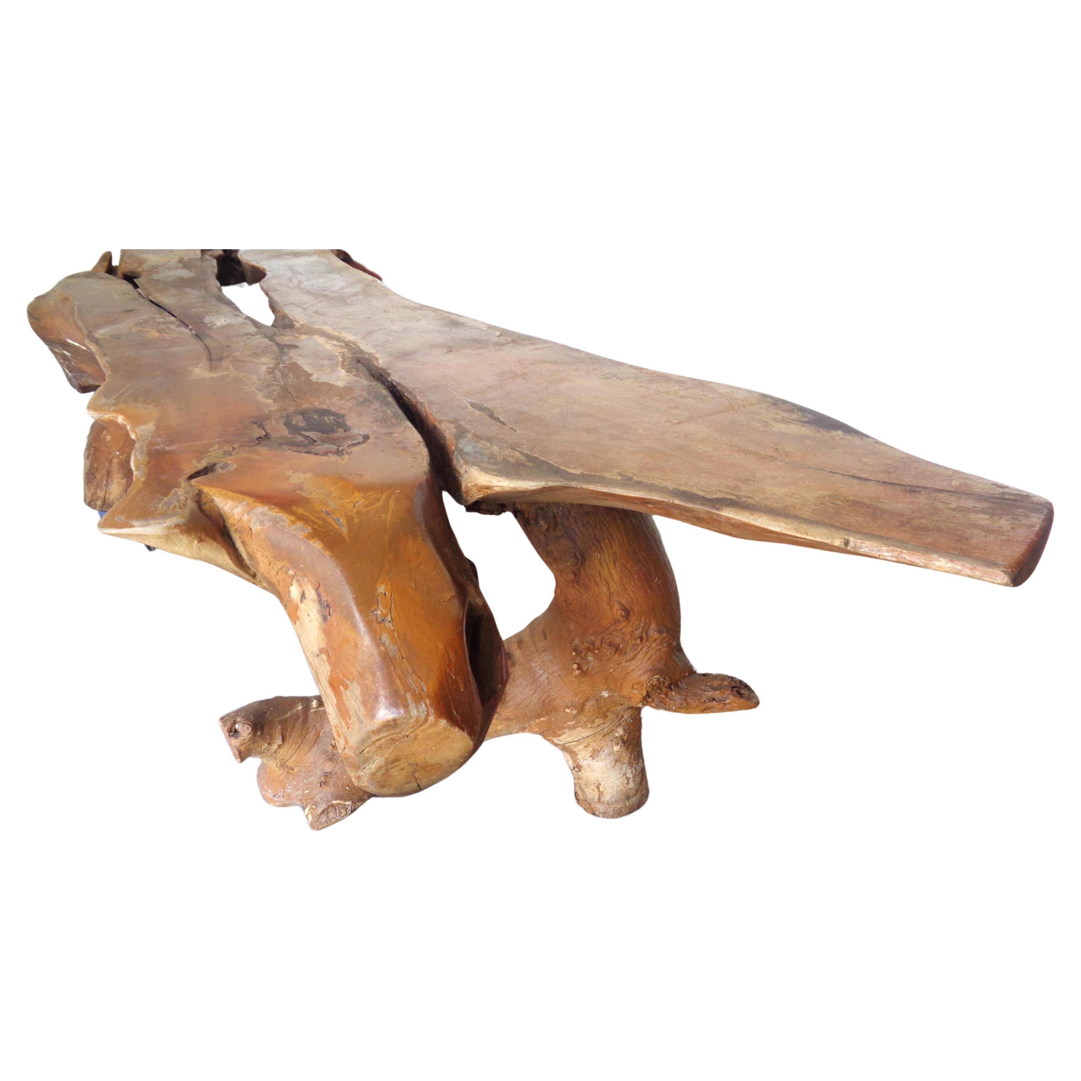 Natural Live Edge Burl Root Long Low Table Bench, Circa 1970 2