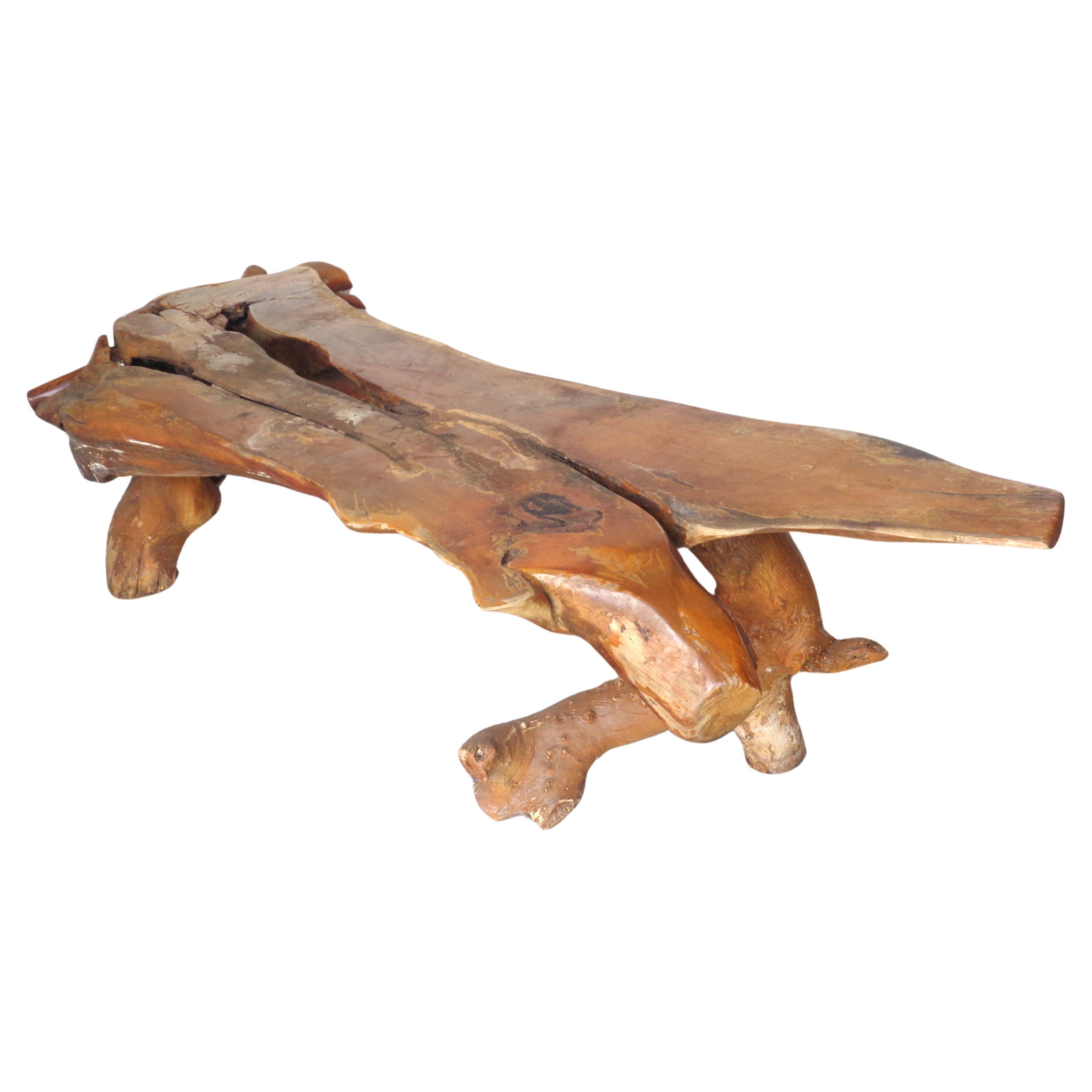 Natural Live Edge Burl Root Long Low Table Bench, Circa 1970 4