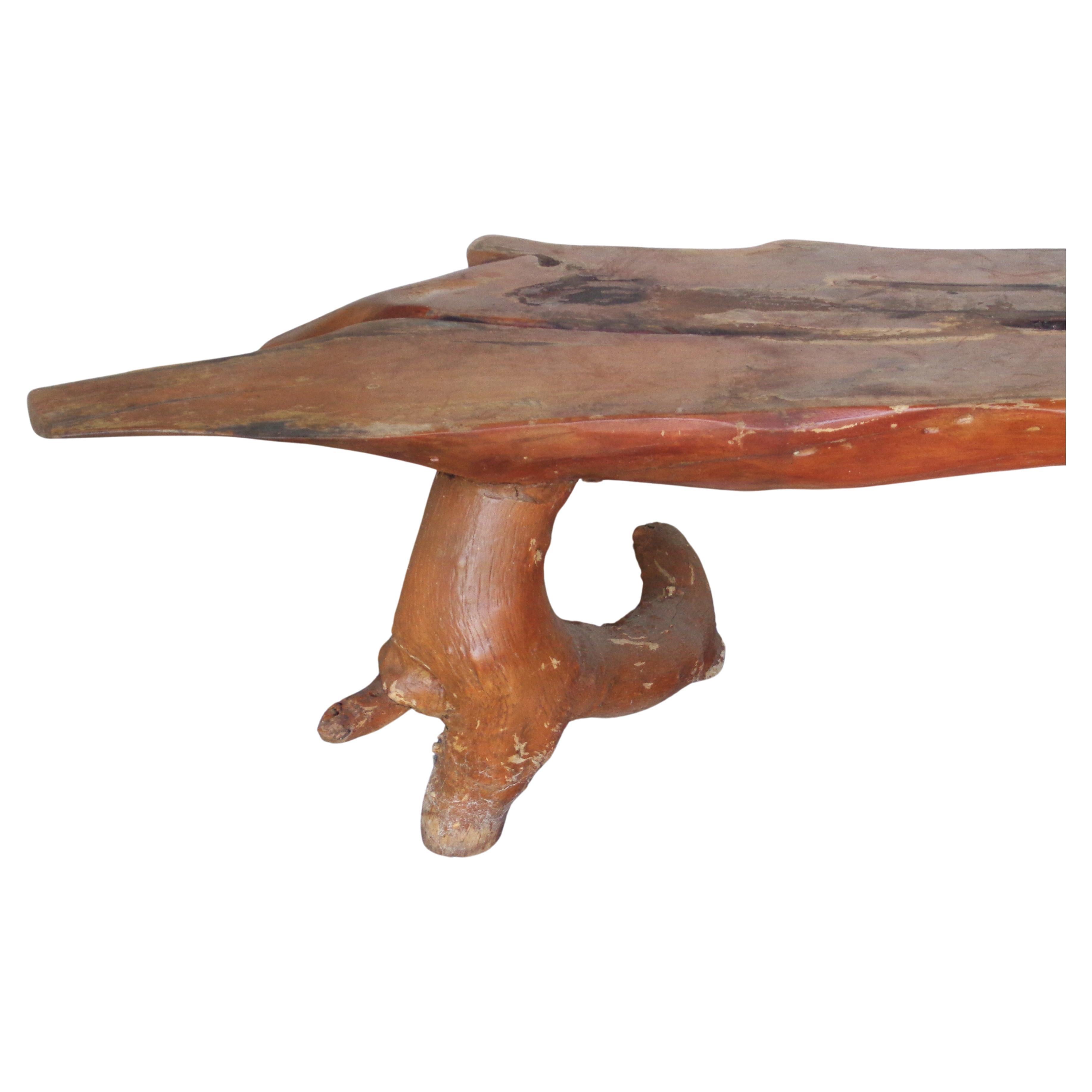Organic modern natural live edge teak or cypress wood and burl root long low table bench in beautiful old surface showing good signs of genuine age w/ wear to original finish. This is not a carved piece.  Elements are in the original form from