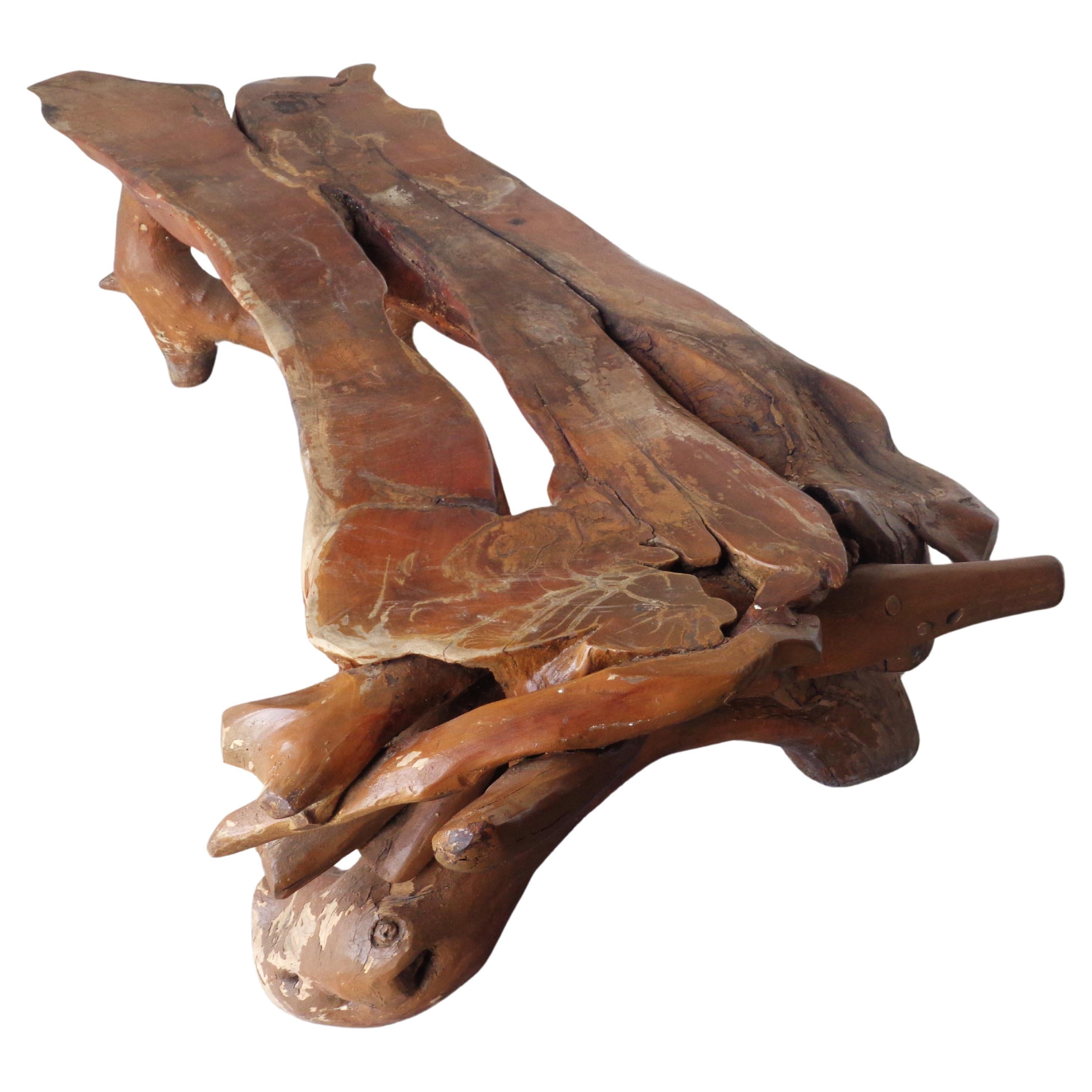 Natural Live Edge Burl Root Long Low Table Bench, Circa 1970 In Good Condition In Rochester, NY