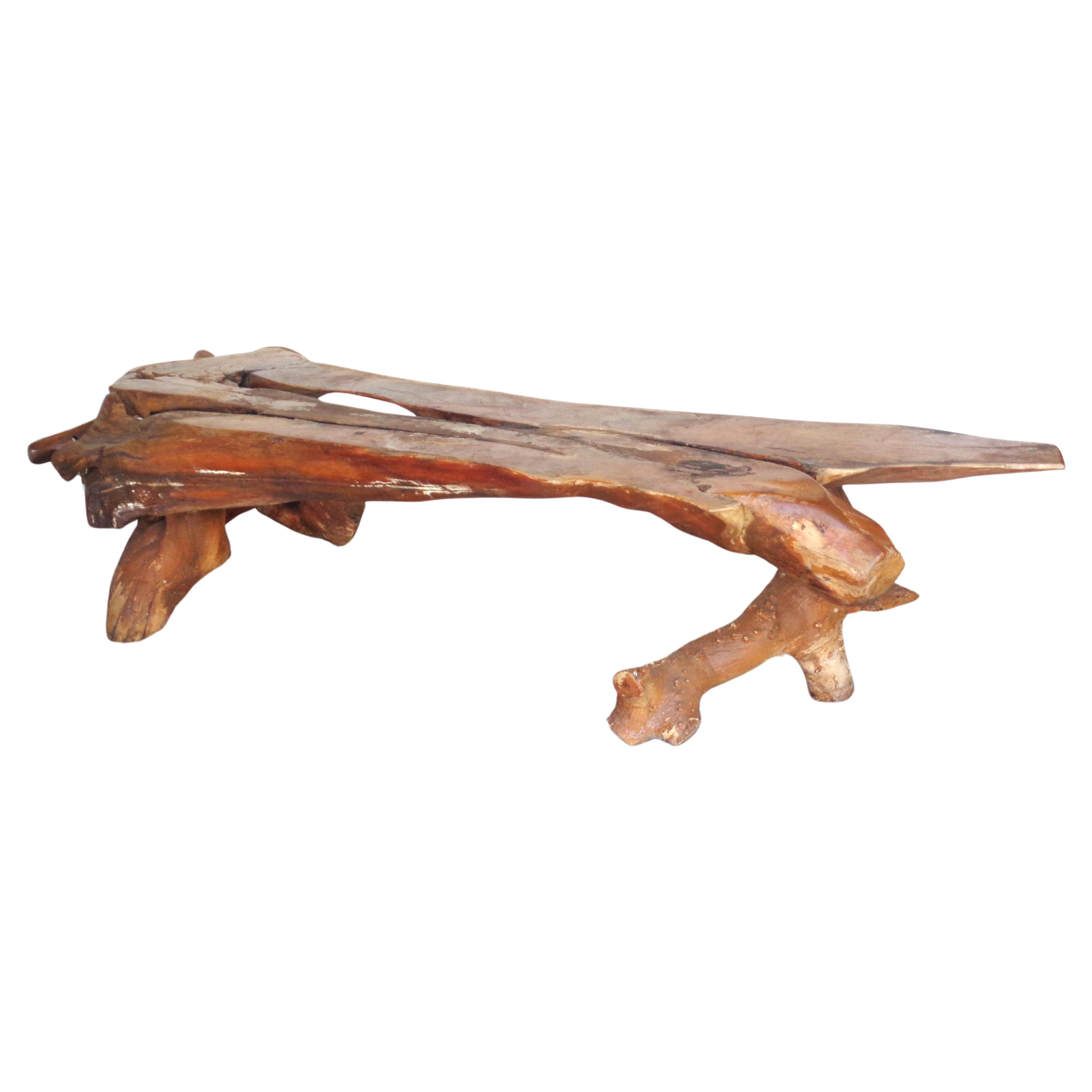 20th Century Natural Live Edge Burl Root Long Low Table Bench, Circa 1970