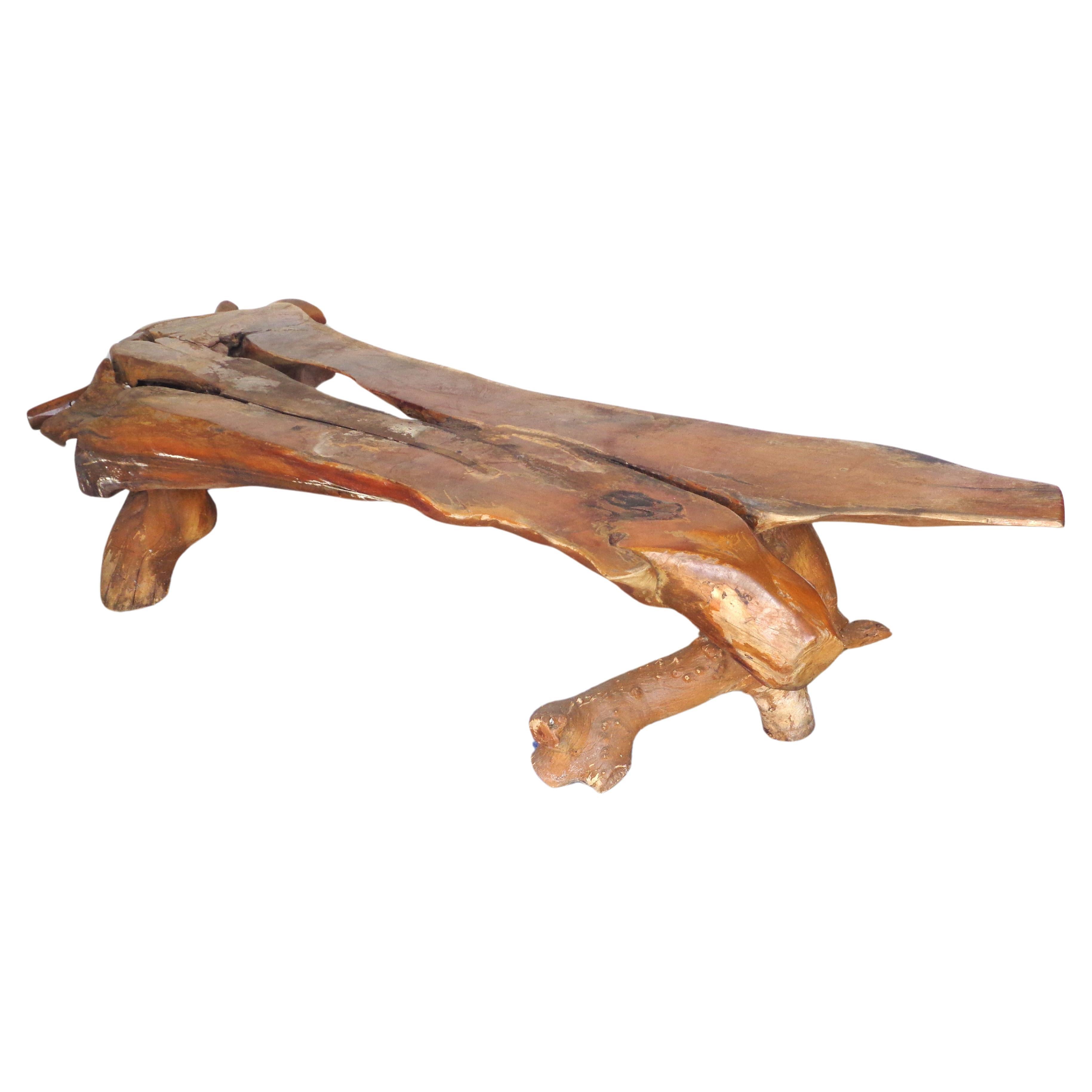 Wood Natural Live Edge Burl Root Long Low Table Bench, Circa 1970