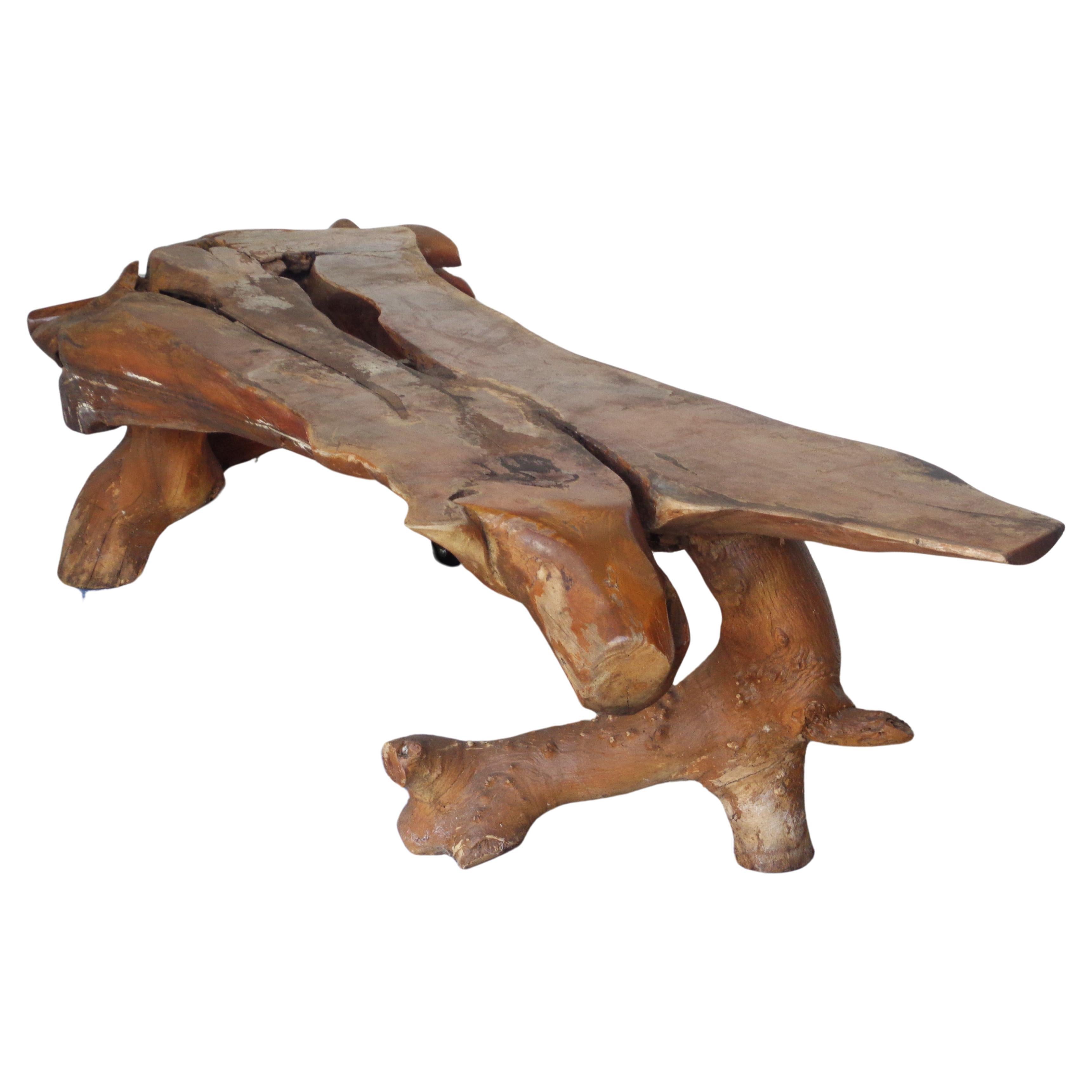 Natural Live Edge Burl Root Long Low Table Bench, Circa 1970 1