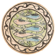 Vecchia piastrella orientale dipinta a mano in ceramica con pesce