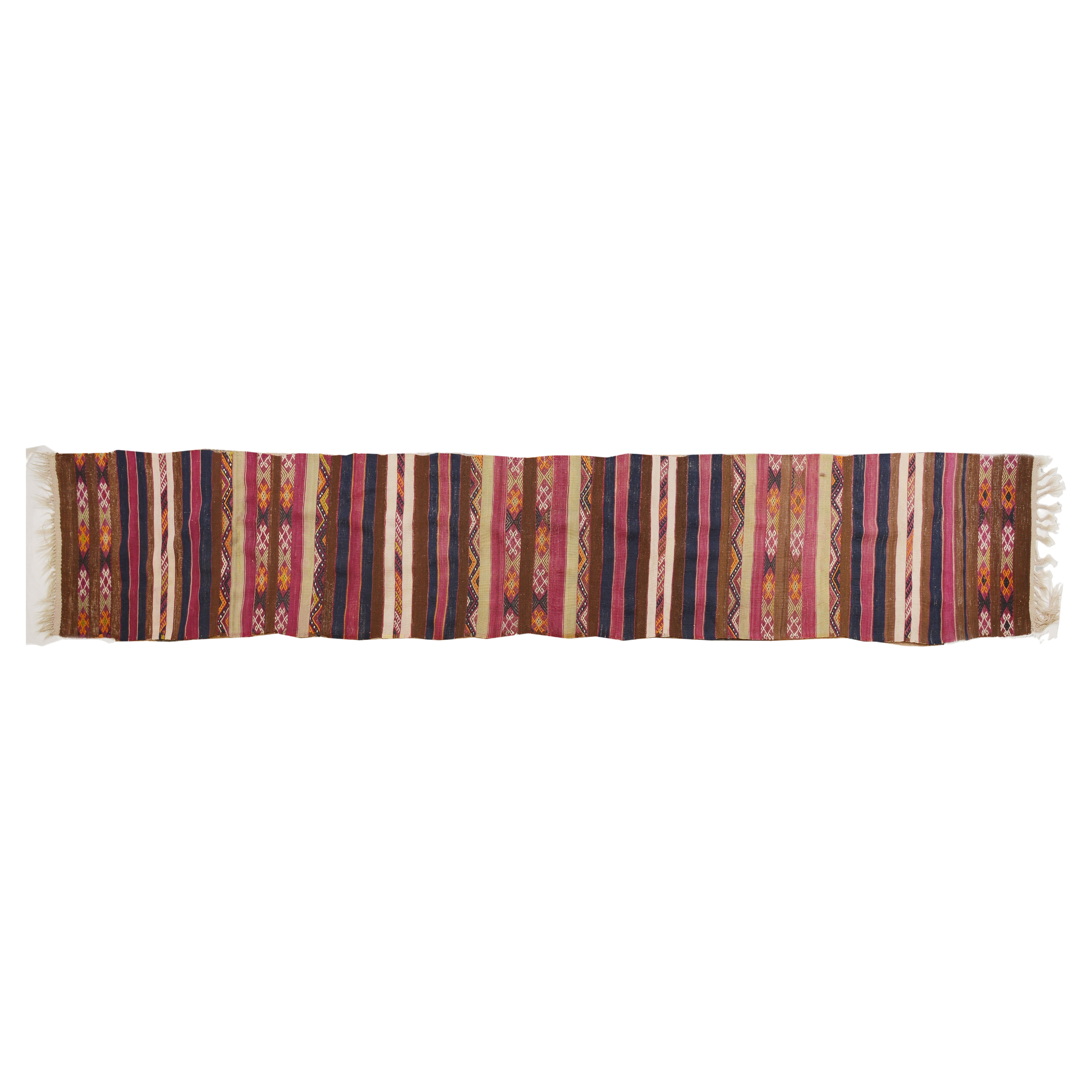 nr. 498 - Light, long, unusual kilim strip or runner , covered with small cicim embroideries.
I would see it placed on a long table or hung on the wall, horizontally or vertically. I don't think it was created to be walked on, if You consider that's