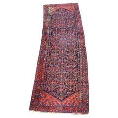 Corredor oriental antiguo hecho a mano con tonos principalmente azules oscuros y rojos 315x105cm