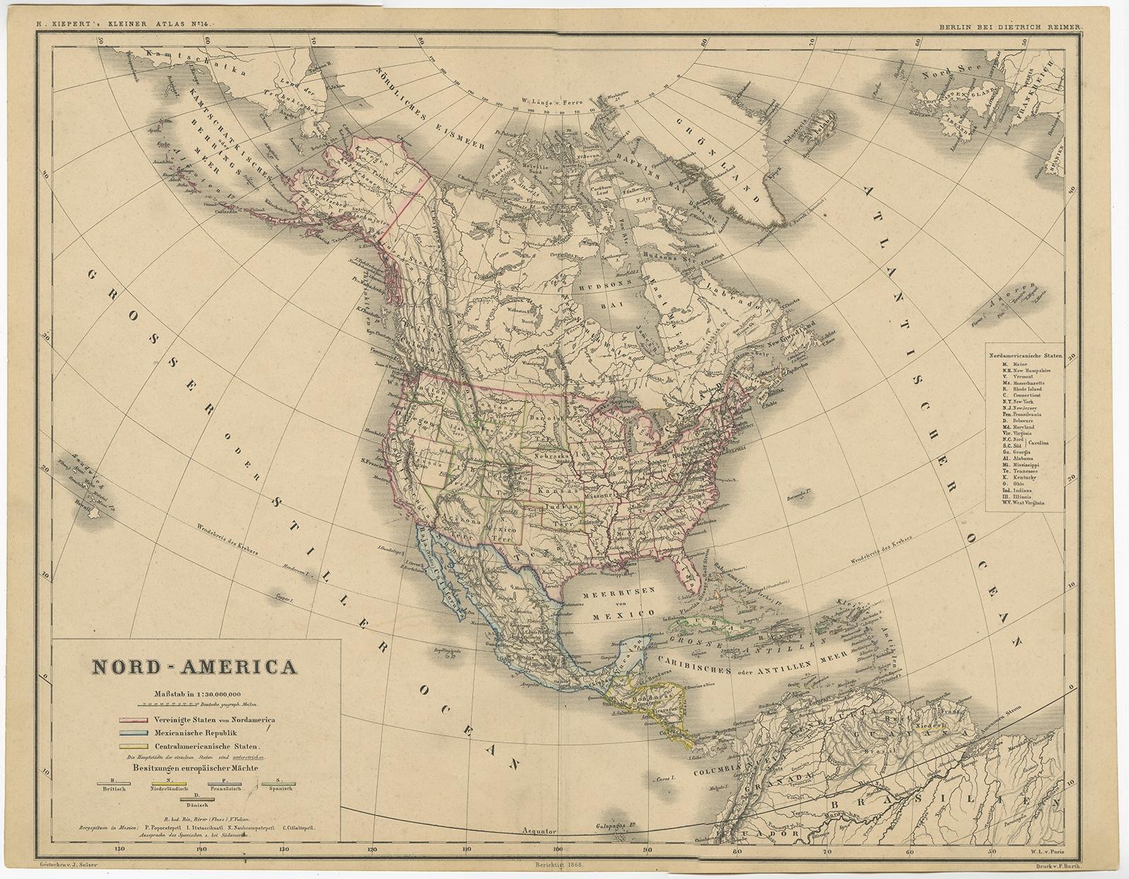 Antique map titled 'Nord-America'. 

Old map of North America. This map originates from 'H. Kiepert's Kleiner Atlas der Neueren Geographie für Schule und Haus'. 

Artists and Engravers: Kiepert, Heinrich (1818-1899), was a German geographer, and the