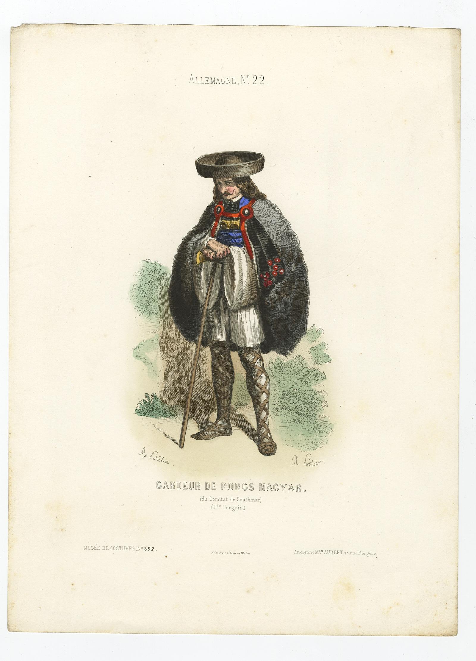Antique costume print titled 'Gardeur de Porcs Magyar'. 

The Mangalica (also Mangalitsa or Mangalitza) is a Hungarian breed of domestic pig. It was developed in the mid 19th century by crossbreeding Hungarian breeds from Nagyszalonta and Bakony