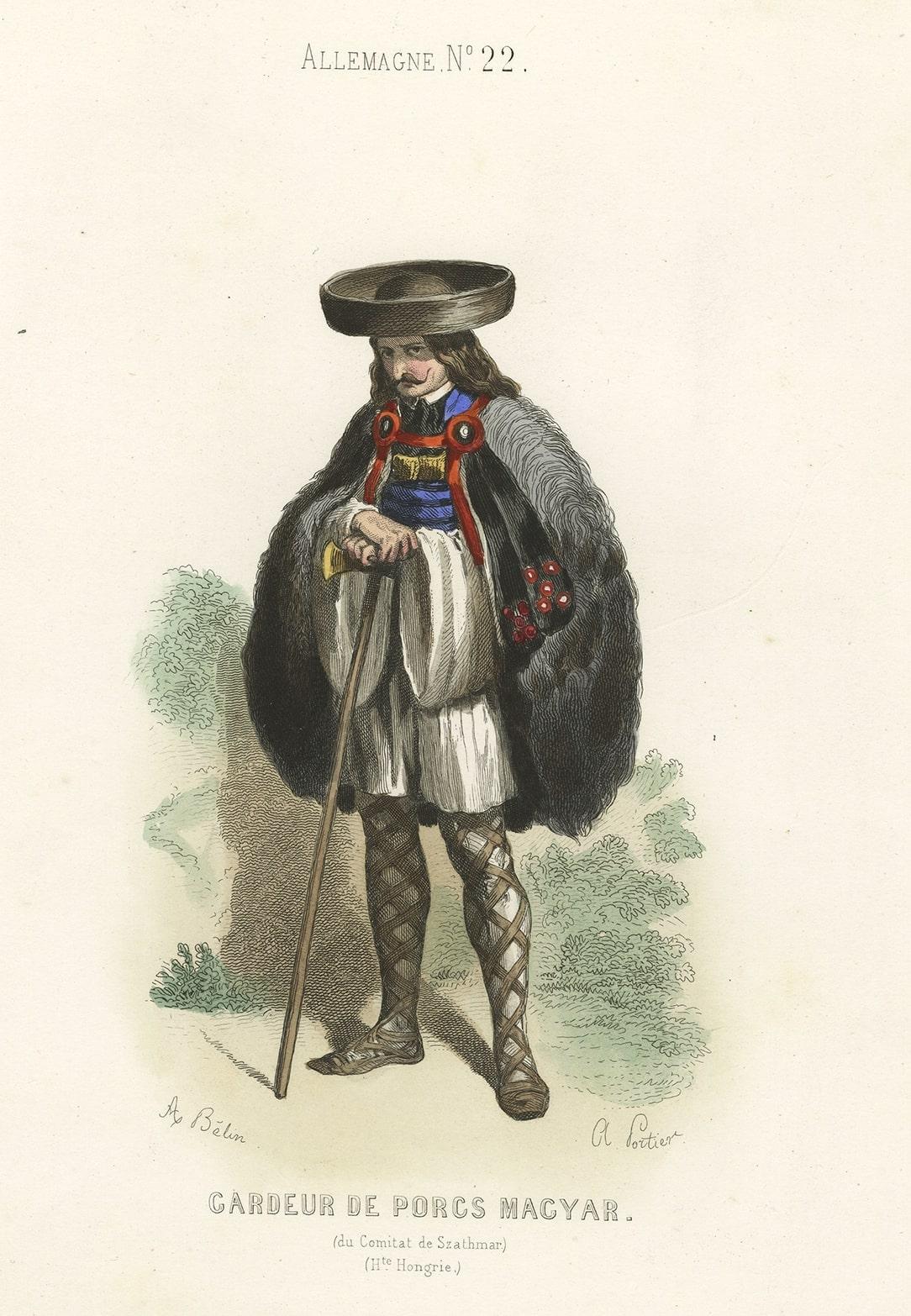Old Original Antique Hand-Colored Print of a Magyar Pig Keeper in Germany, 1850 In Good Condition For Sale In Langweer, NL