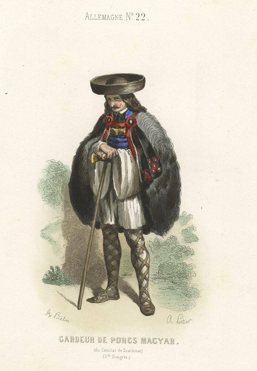 Old Original Antique Hand-Colored Print of a Magyar Pig Keeper in Germany, 1850