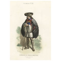 Old Original Antique Hand-Colored Print of a Magyar Pig Keeper in Germany, 1850