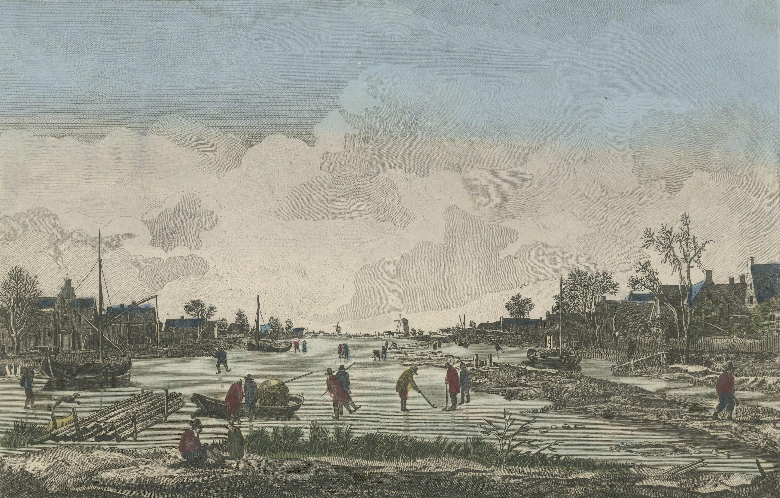 Antique print titled 'Hyver. Vue de Santvliet Village de Hollande'. Copper engraving made after a painting by Adriaen van Drever. This is an optical print, also called 'vue optique' or 'vue d'optique', which were made to be viewed through a