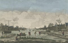 Antique Optical Print of People Ice Skating and Playing Ice-Hockey, 1780