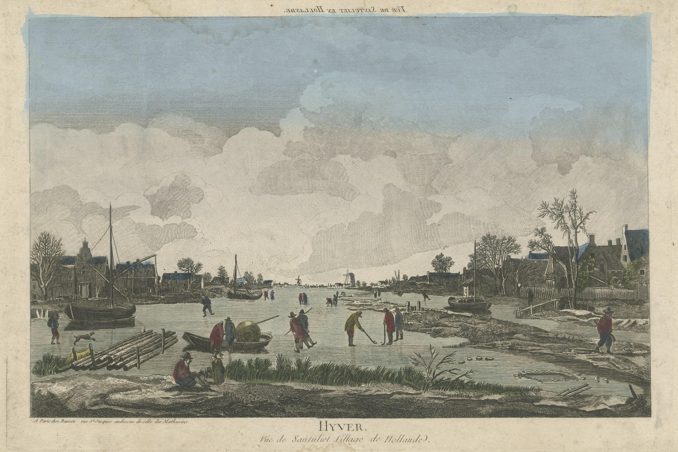 Old Original Antique Optical Print of People Ice Skating and Playing Ice Hockey In Fair Condition For Sale In Langweer, NL