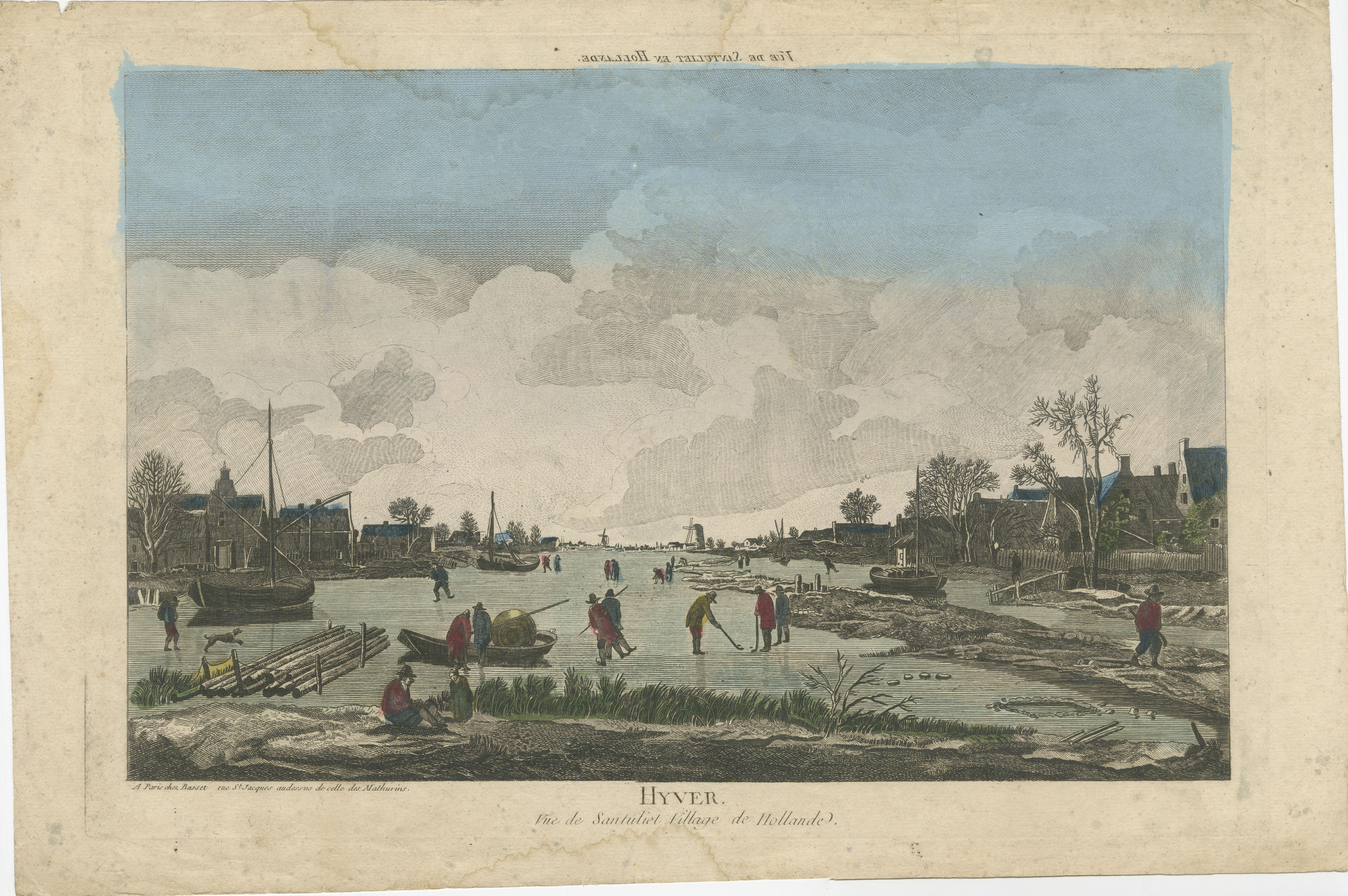 18th Century and Earlier Old Original Antique Optical Print of People Ice Skating and Playing Ice Hockey For Sale
