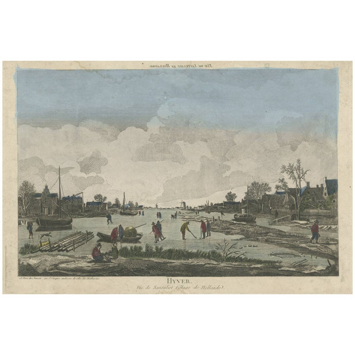 Antique Optical Print of People Ice Skating and Playing Ice-Hockey, 1780