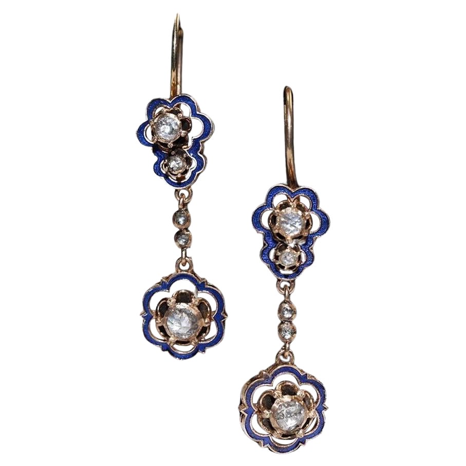 Vecchio orecchino originale CIRCA 1960 in oro 8k con diamanti naturali taglio rosa e smalto