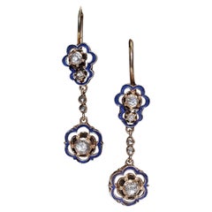 Vecchio orecchino originale CIRCA 1960 in oro 8k con diamanti naturali taglio rosa e smalto