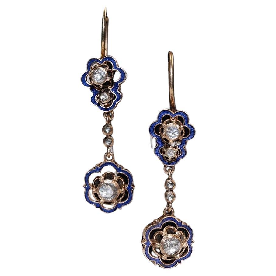 Old Original Circa 1960s 8k Gold Natural Rose Cut Diamond Enamel Earring