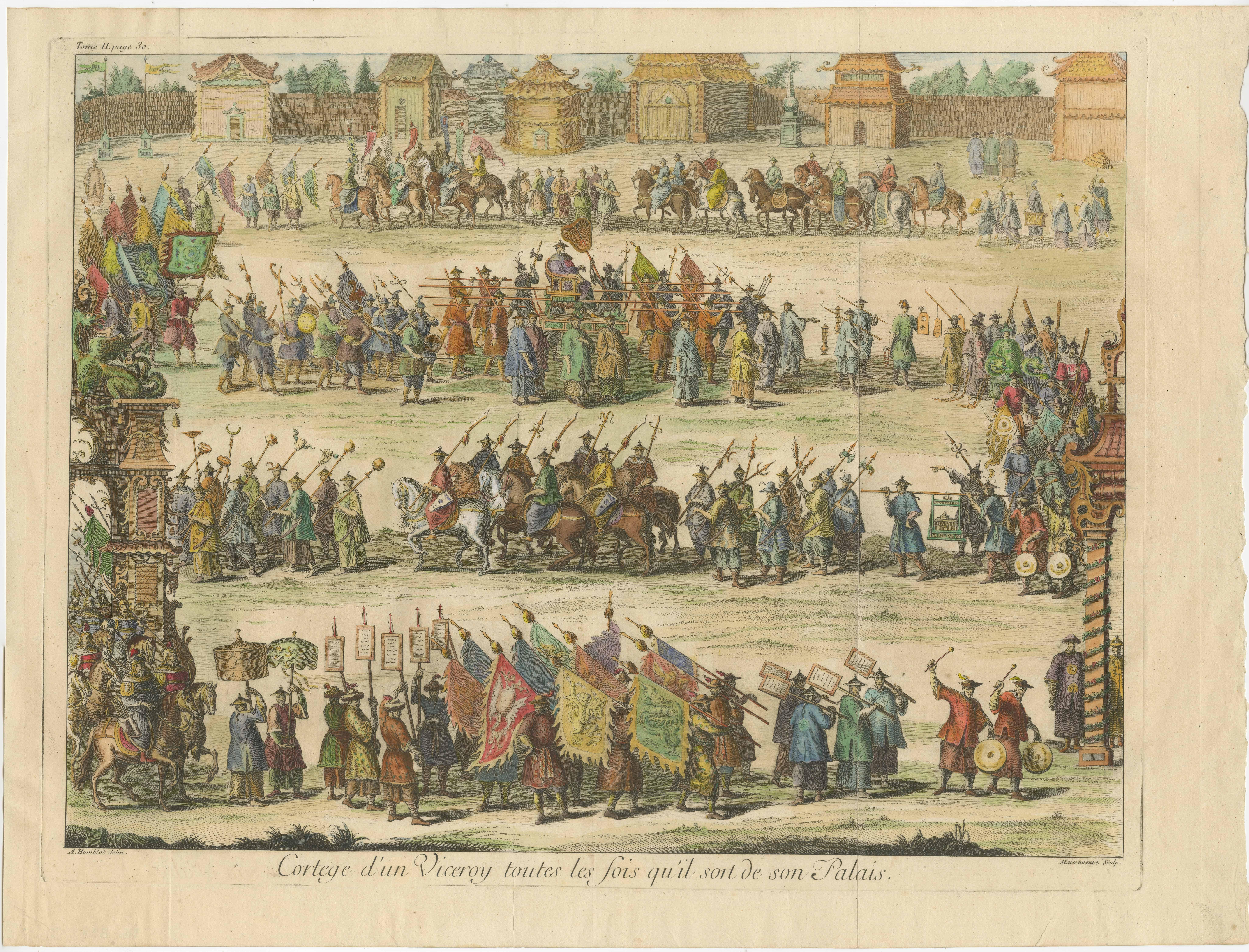Paper Old Original Copper Engraving Depicting a Viceroy with Entourage in China, 1735 For Sale