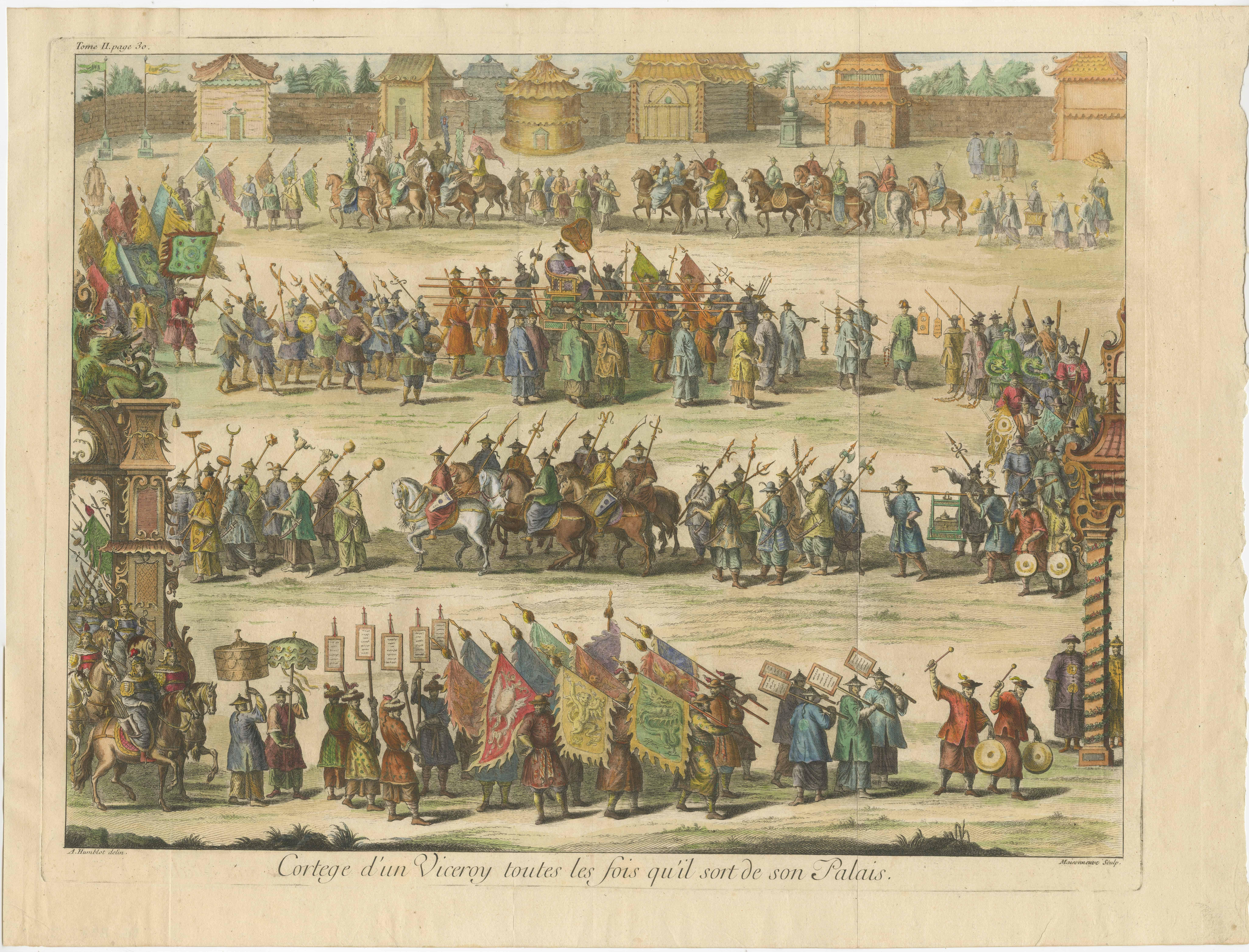 Old Original Kupfer-Gravur mit der Darstellung eines Vizekönigs mit Gefolge in China, 1735 (Papier) im Angebot