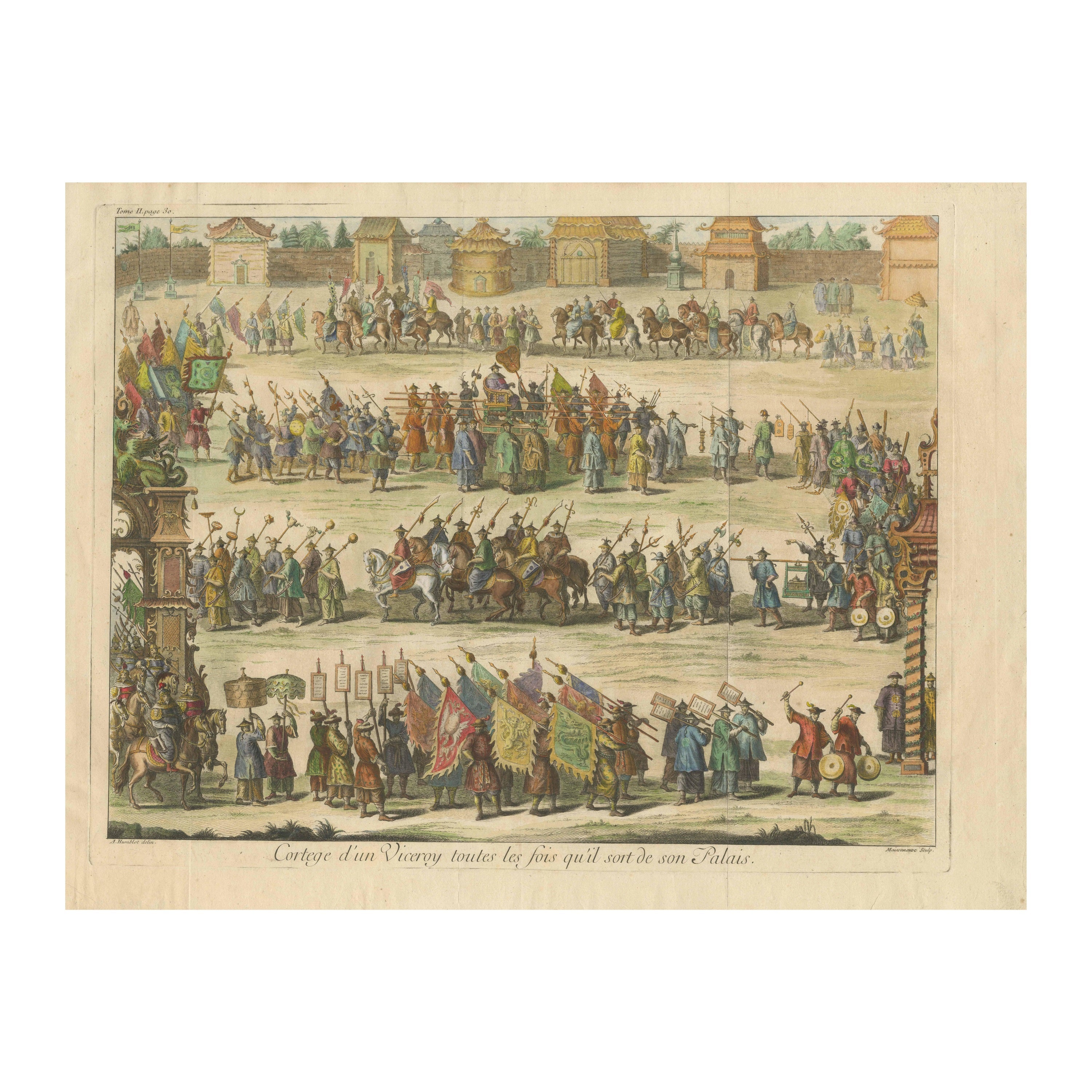 Old Original Kupfer-Gravur mit der Darstellung eines Vizekönigs mit Gefolge in China, 1735