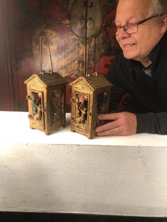 Old Original Gold "Deer & Pine Tree Moon" Tea Garden Lanterns, Pair