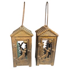 Old Original Gold "Deer & Pine Tree Moon" Tea Garden Lanterns, Pair